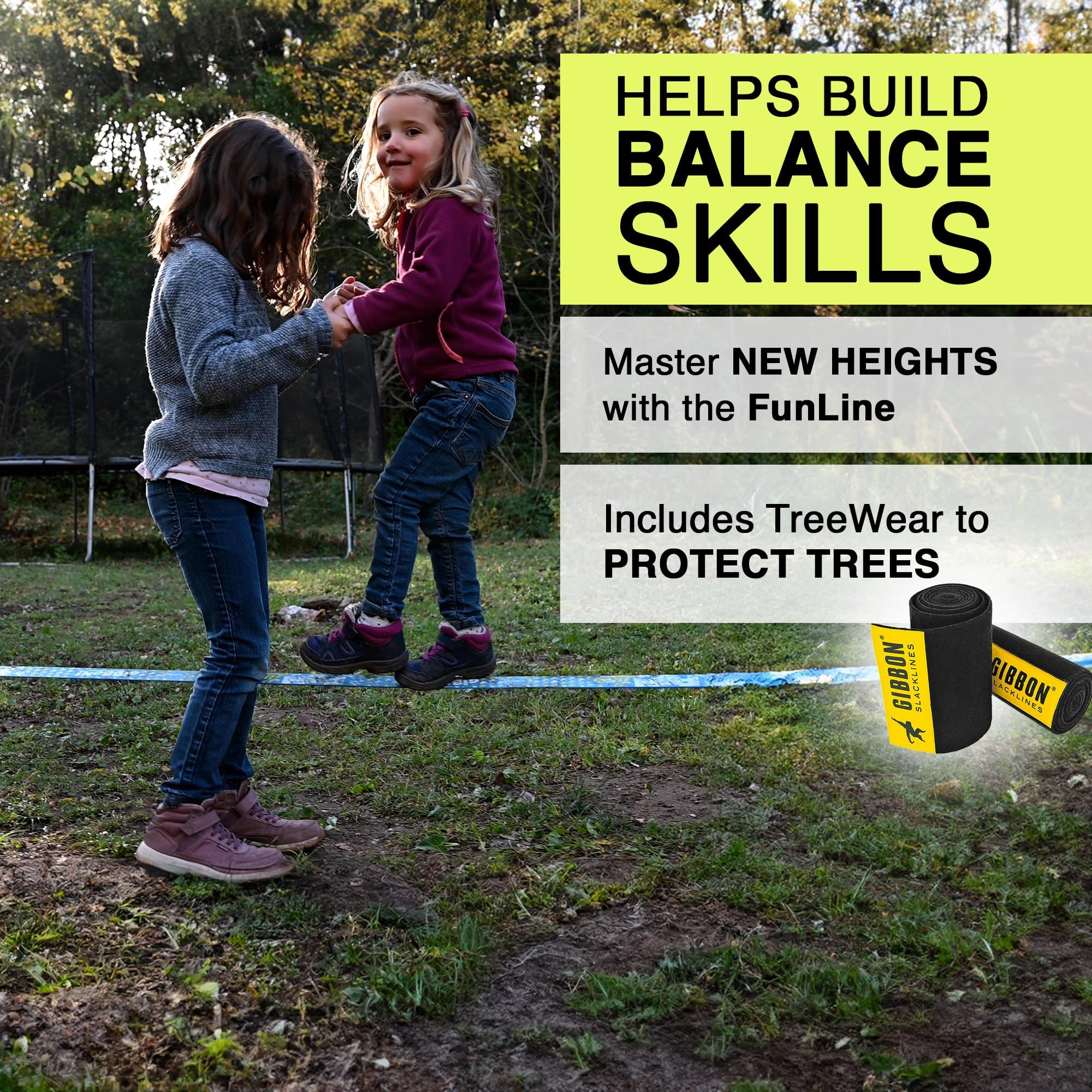 Gibbon Slacklines FunLine | Ideal für Kinder & Anfänger | Gleichgewichtsübung | TÜV-Zertifiziert | Inkl. Ratschenschutz & TreeWear | Einfacher Aufbau | Perfekte Freizeitbeschäftigung