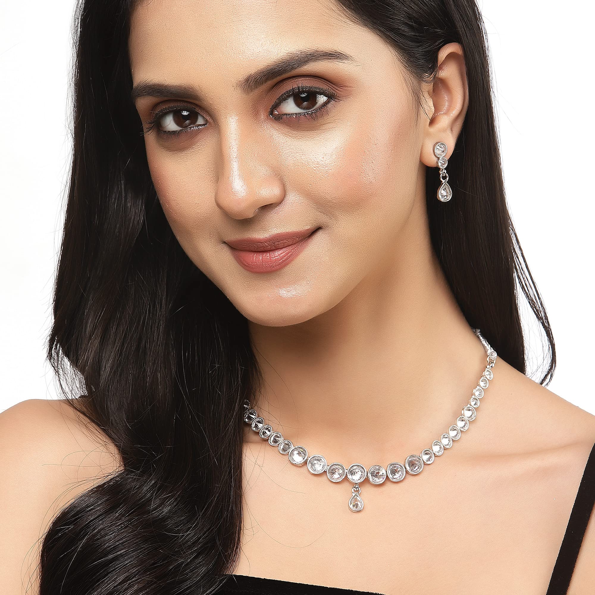 Oxidised Silver-Plated Round American Diamond Studded Necklace Set
