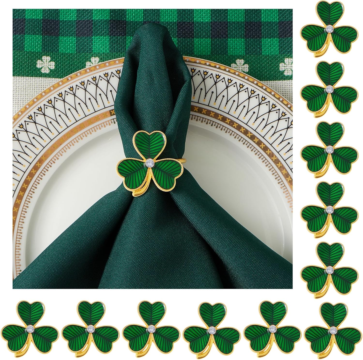 APTWOW Green St Patricks Day Shamrock Napkin Rings Set of 12 - Gold Metal Shamrock Napkin Holder, Spring Napkin Rings for St. Patrick's Day Party Wedding Table Decoration