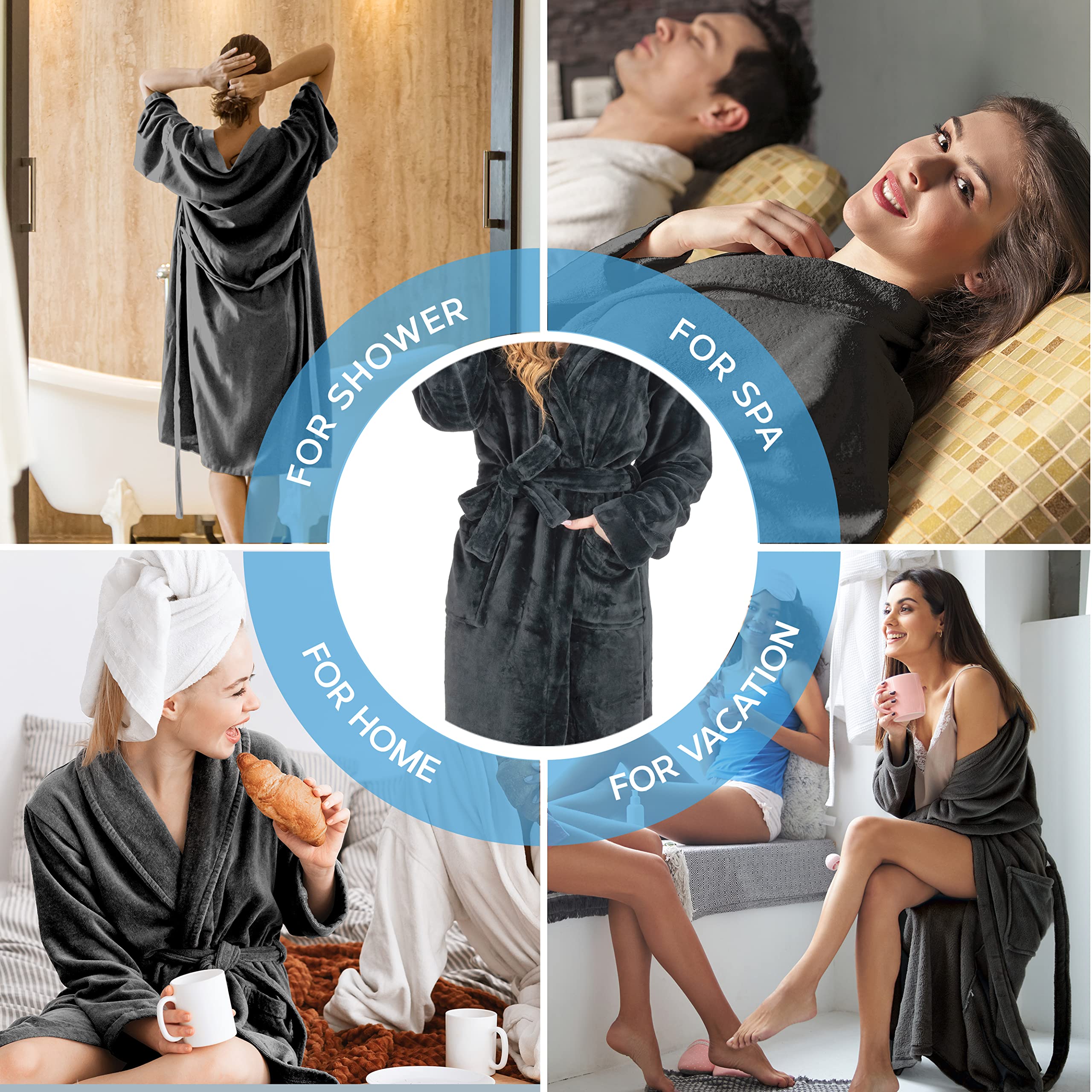 MONHOUSE Womens Dressing Gown - Premium Super Soft & Cosy Long Bathrobe - Ladies Thick Flannel Luxury Housecoat - Warm Fluffy Shearling Spa Robe for Her - Sherpa Bathrobe - Black UK 16-18