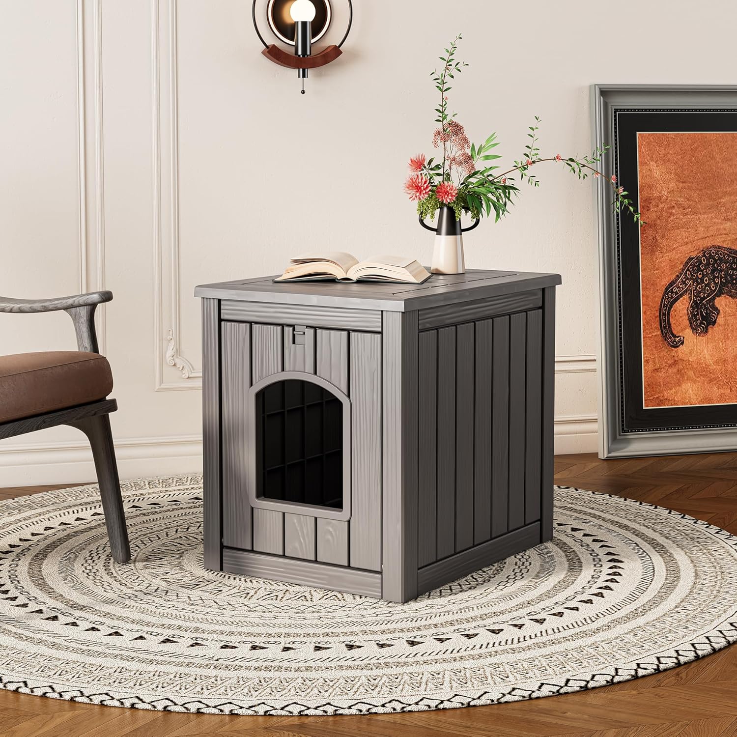 LHBcraft Outdoor Cat House Weatherproof for Winter Outside, Feral Cat Houses for Outdoor Indoor Cats Shelter, Sturdy Resin Shelter for Garden, Patio, Easy to Assemble, Grey