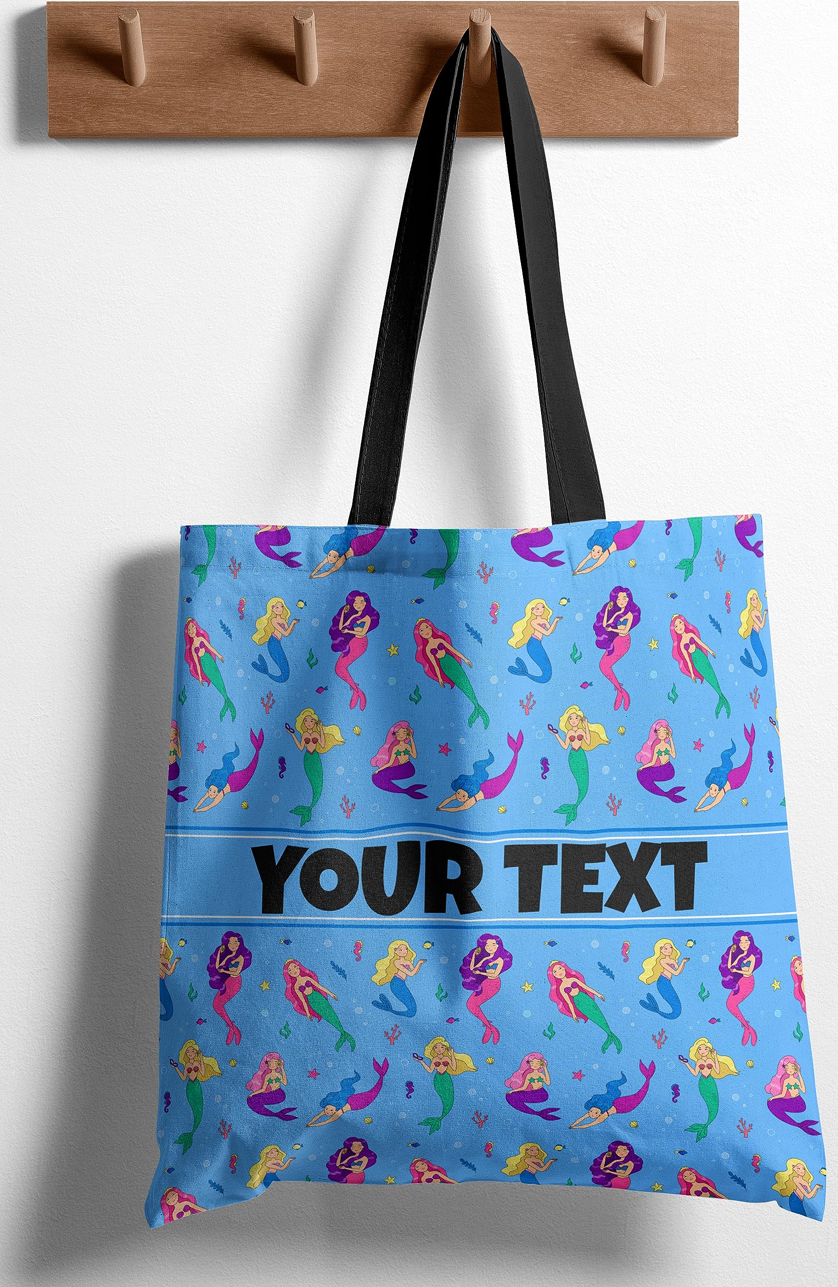 Personalized Tote Bag - Mermaids, Custom Name/Text, Reusable w/Straps, Canvas Cloth Fabric, Customized Gift Idea, Birthday/Christmas/Holiday Present, 18x18