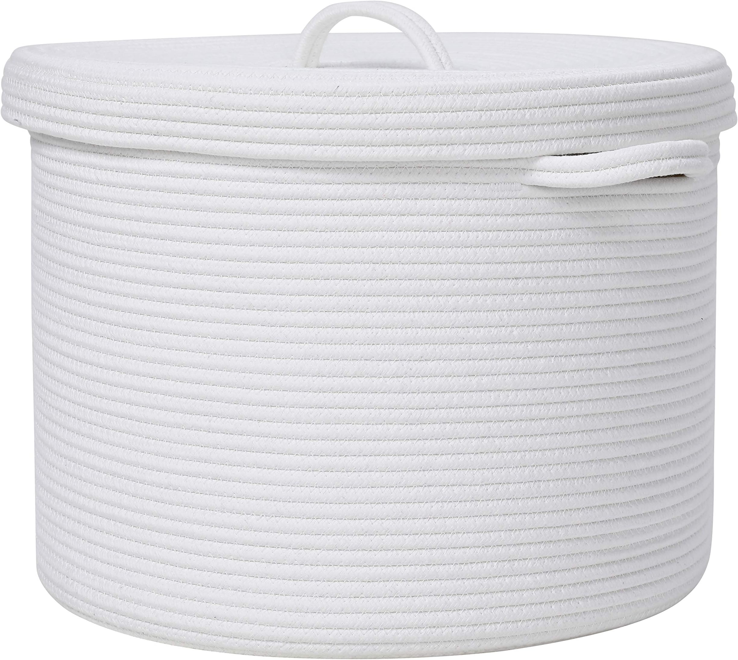 Cottonphant 16" x 16" x 13" Medium Storage Basket with Lid, Cotton Rope Storage Baskets, Laundry Hamper, Cloth Bin, for Clothes Blankets Pillows Storage in Living Room, Full White with Cover