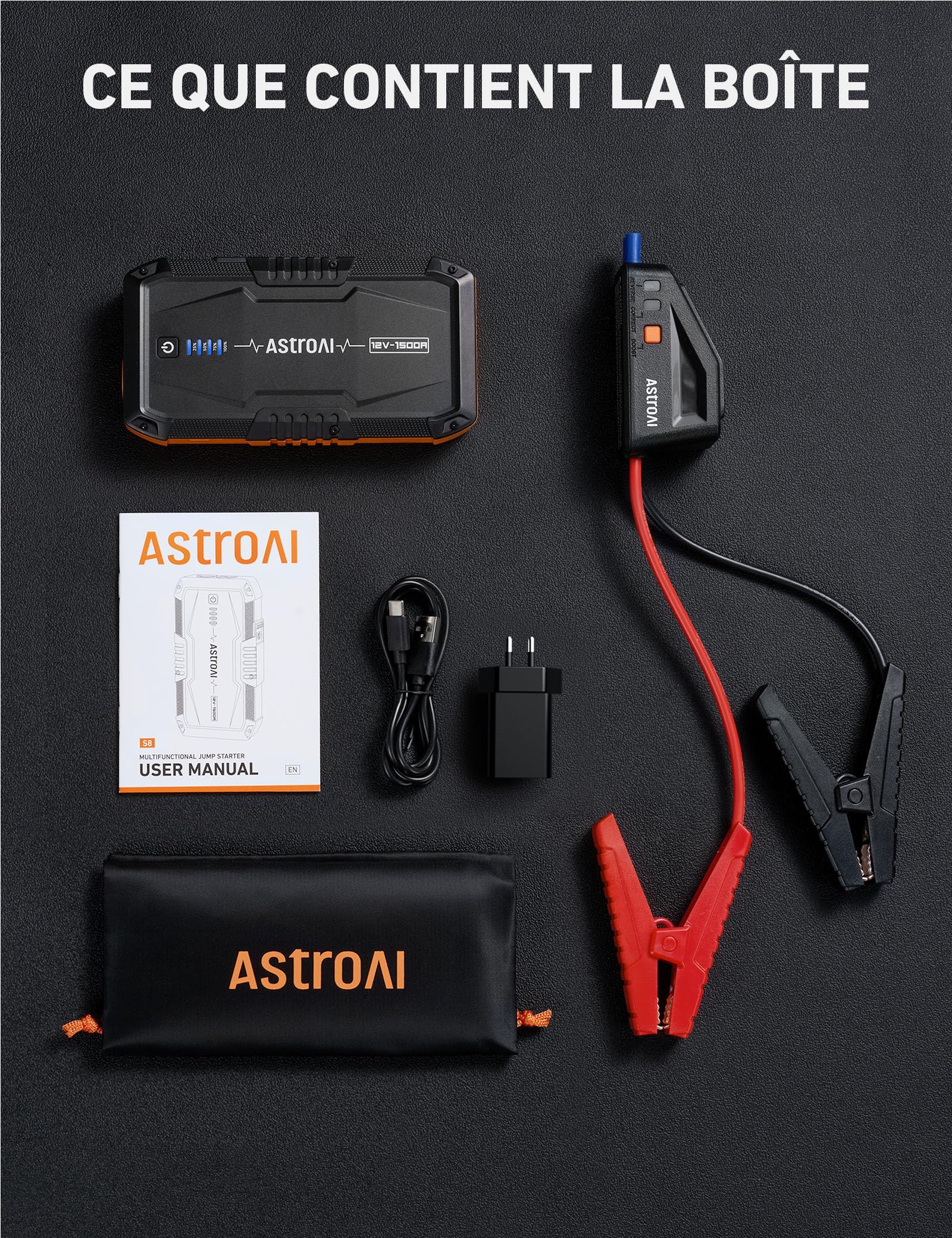 AstroAI B8 Booster Batterie Voiture, Démarreur Batterie Voiture Portable 12 V (pour 5,5 L Diesel ou 7,0 L Essence), avec Protection Intelligente et Lumière LED pour Moto，S8