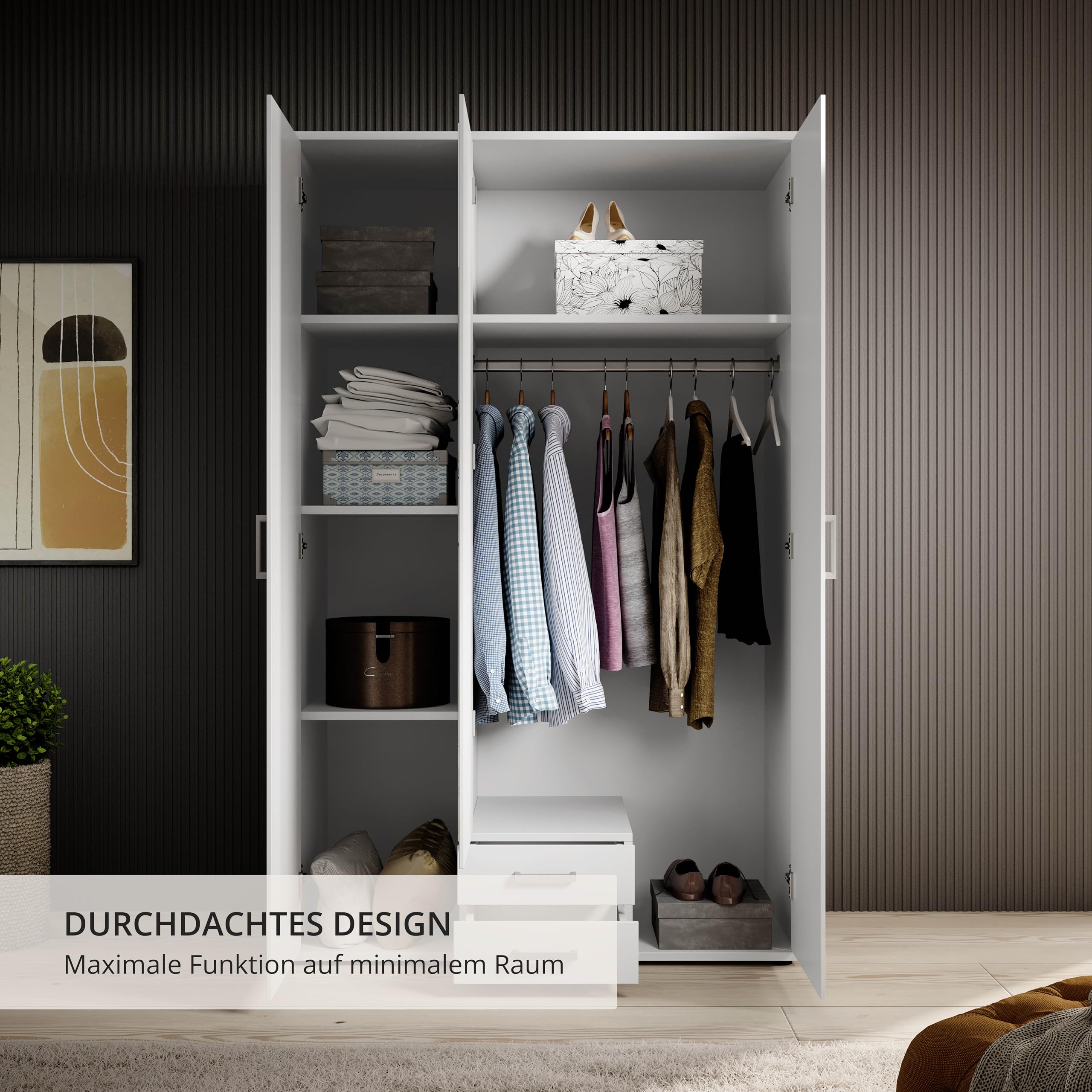 Stella Trading KARL Eleganter Kleiderschrank 3-türig mit viel Stauraum - Vielseitiger Drehtürenschrank in Weiß mit Spiegeltür - 120 x 195 x 55 cm (B/H/T)
