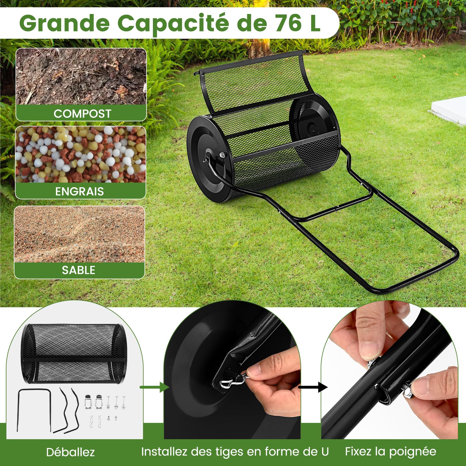 GOPLUS Epandeur de Compost de 60cm avec Rouleau en Maille Métallique, Noir