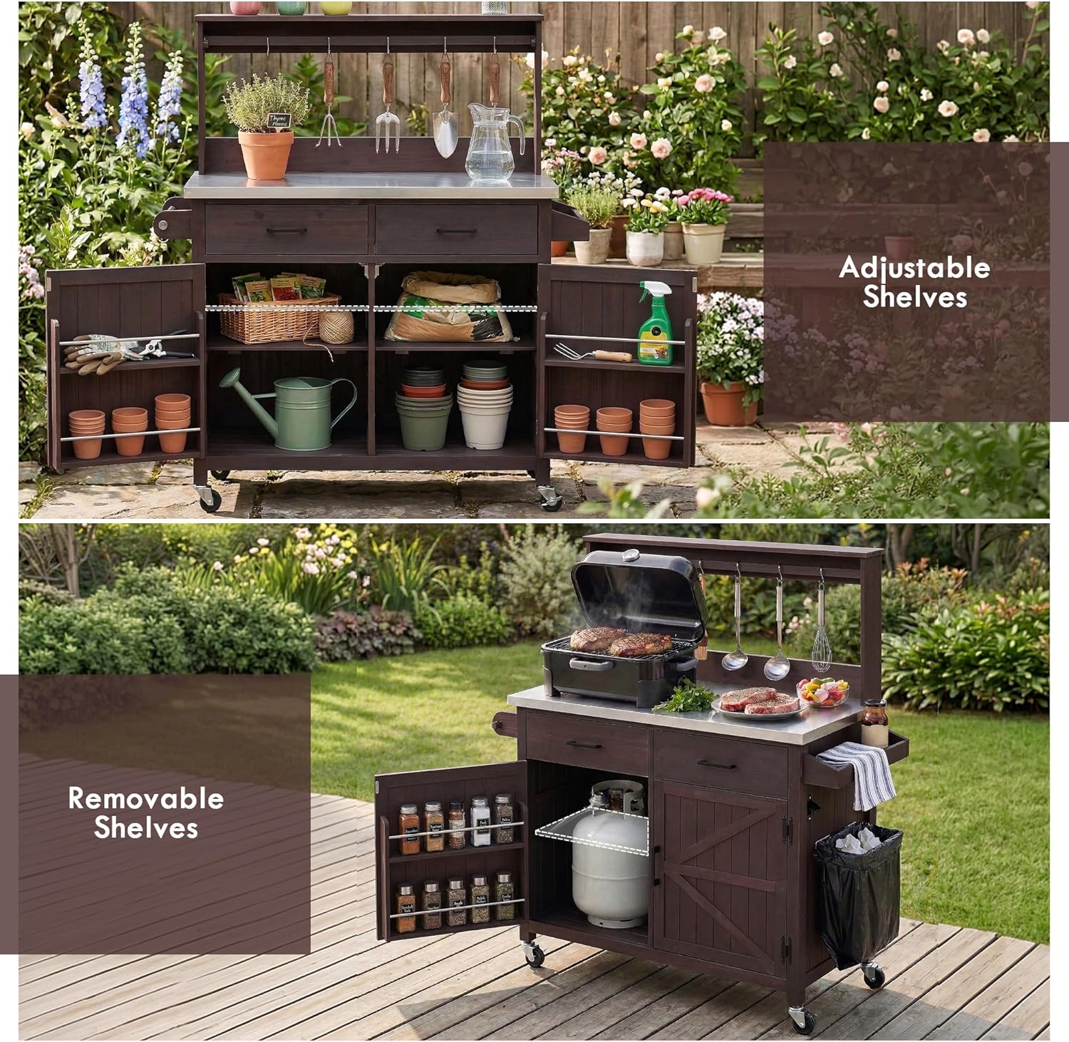 Wood Potting Bench Table with Stainless Steel Top 54’’ Rolling Grill Cart Outdoor Patio Kitchen Island Bar Storage Cabinet Garden Work Station on Lockable Wheels, Brown