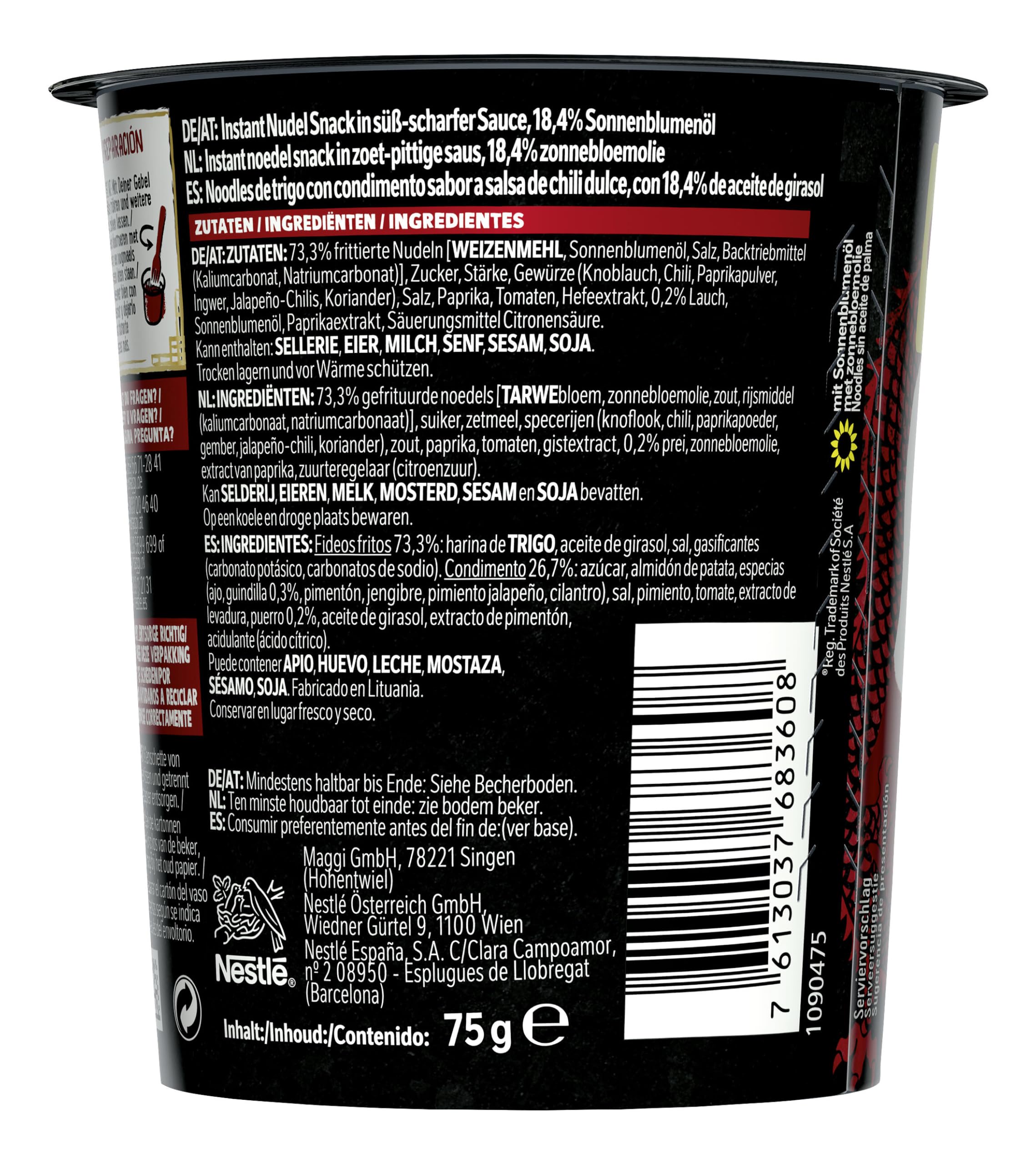MAGGI Saucy Noodles Asia Sweet Chili Vaso - Pack de 8 x 75g