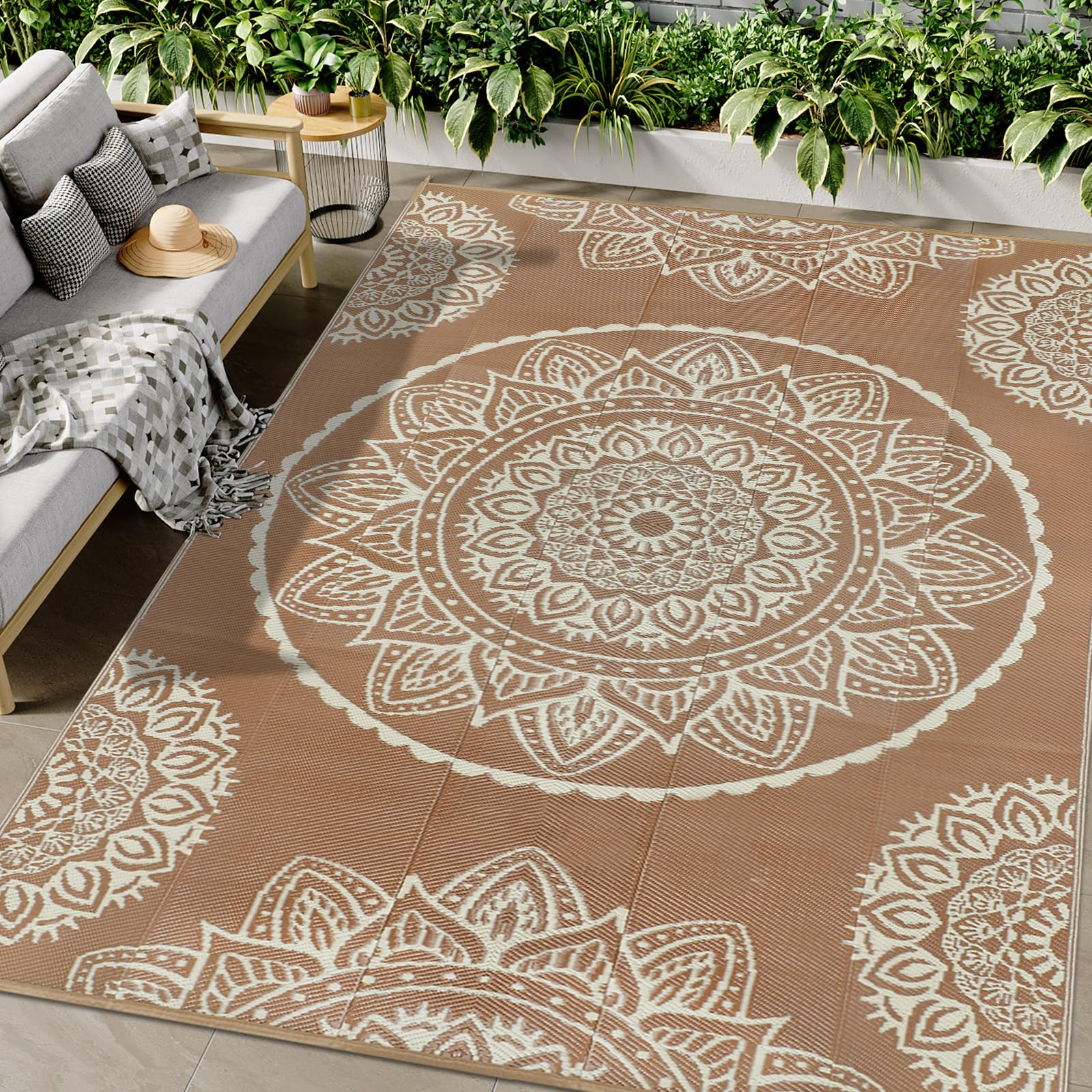 Famibay Extra Large Outdoor Rug 270 x 365 cm Garden Rugs Outdoor Waterproof Plastic Straw Reversible Garden Rug for Patio Portable Indoor Area Rug for RV Camping Balcony Brown Beige