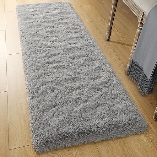 Miniatura 3 de Tepook Alfombras suaves para dormitorio de 2 x 6 pies con respaldo de goma, alfombras grises esponjosas para sala de estar, alfombra de noche peluda