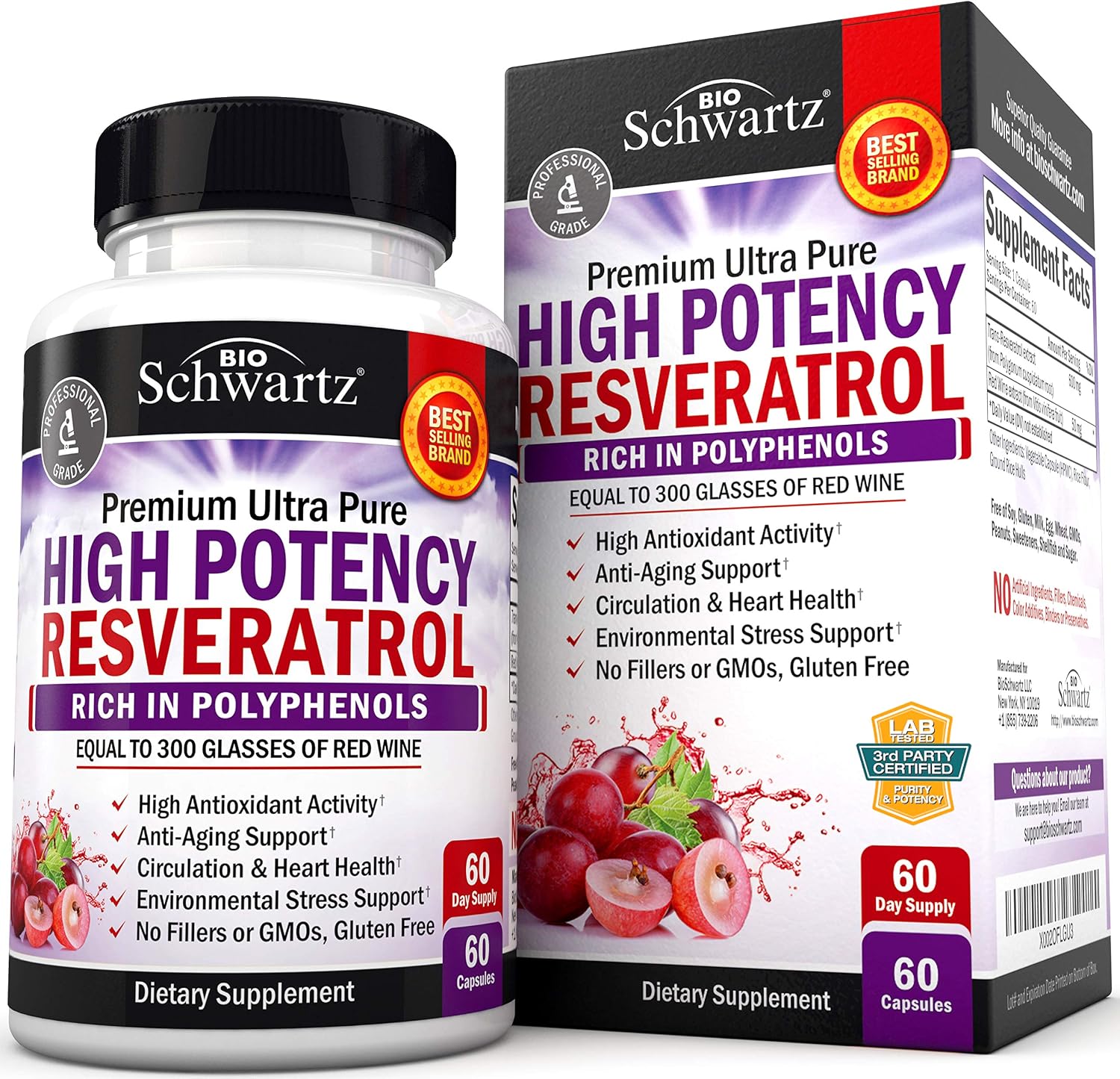 BioSchwartz Resveratrol Supplement for Anti-Aging Support - Polyphenol Rich Trans-Resveratrol Formula - Gluten-Free, Non-GMO, Made in The USA, 60 Capsules (60 Day Supply)