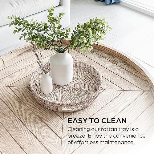 Miniatura 7 de Bandeja redonda de ratán para servir, moderna bandeja tejida con asas para mesa de comedor, sala de estar, decoración de patio, elegante bandeja de