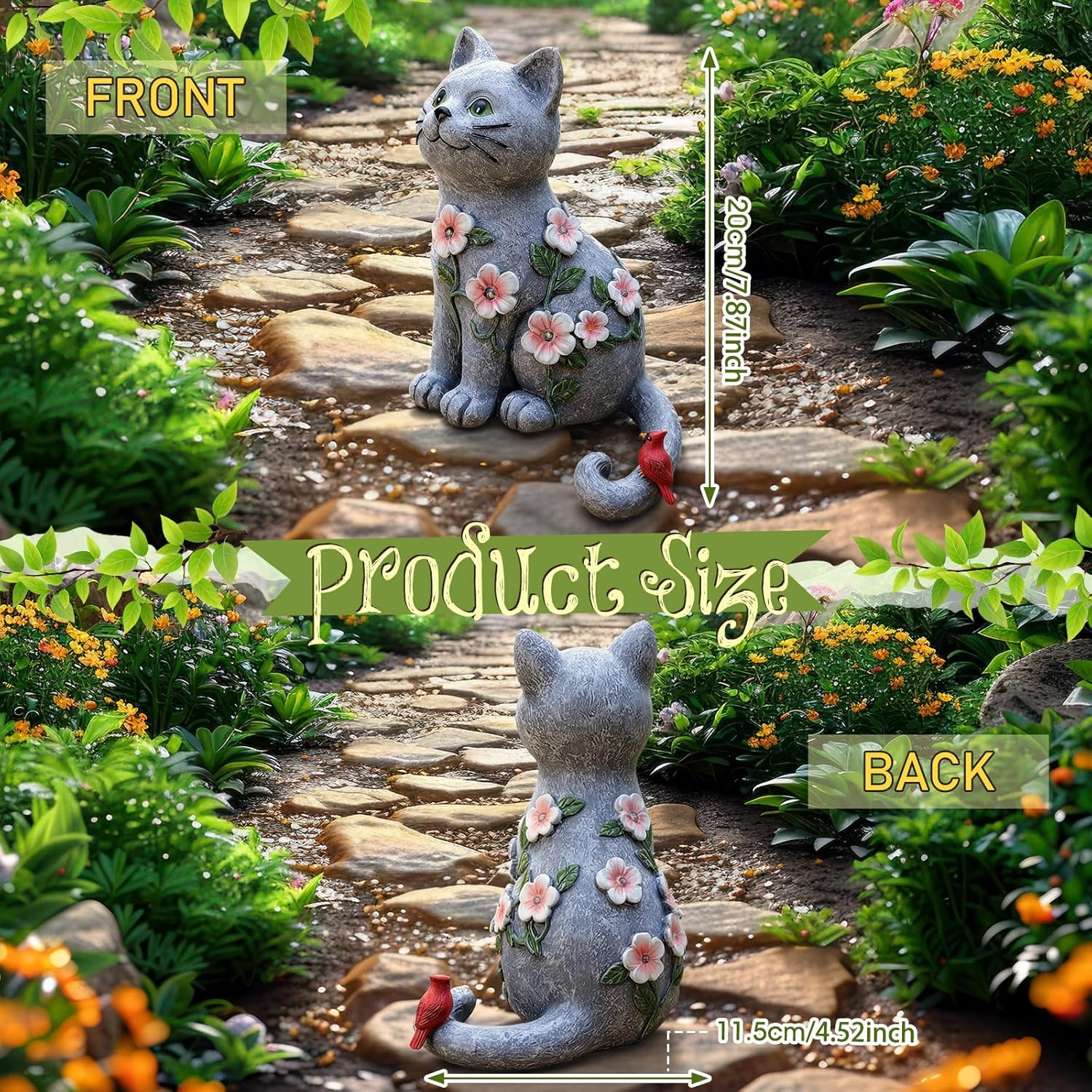 Amyhill Cat Outdoor Statues for Garden Decor Solar Light with Cardinal Flower for Outside Art Lawn Ornaments Porch Patio Balcony Home House Birthday Gifts for Grandma Mom Women