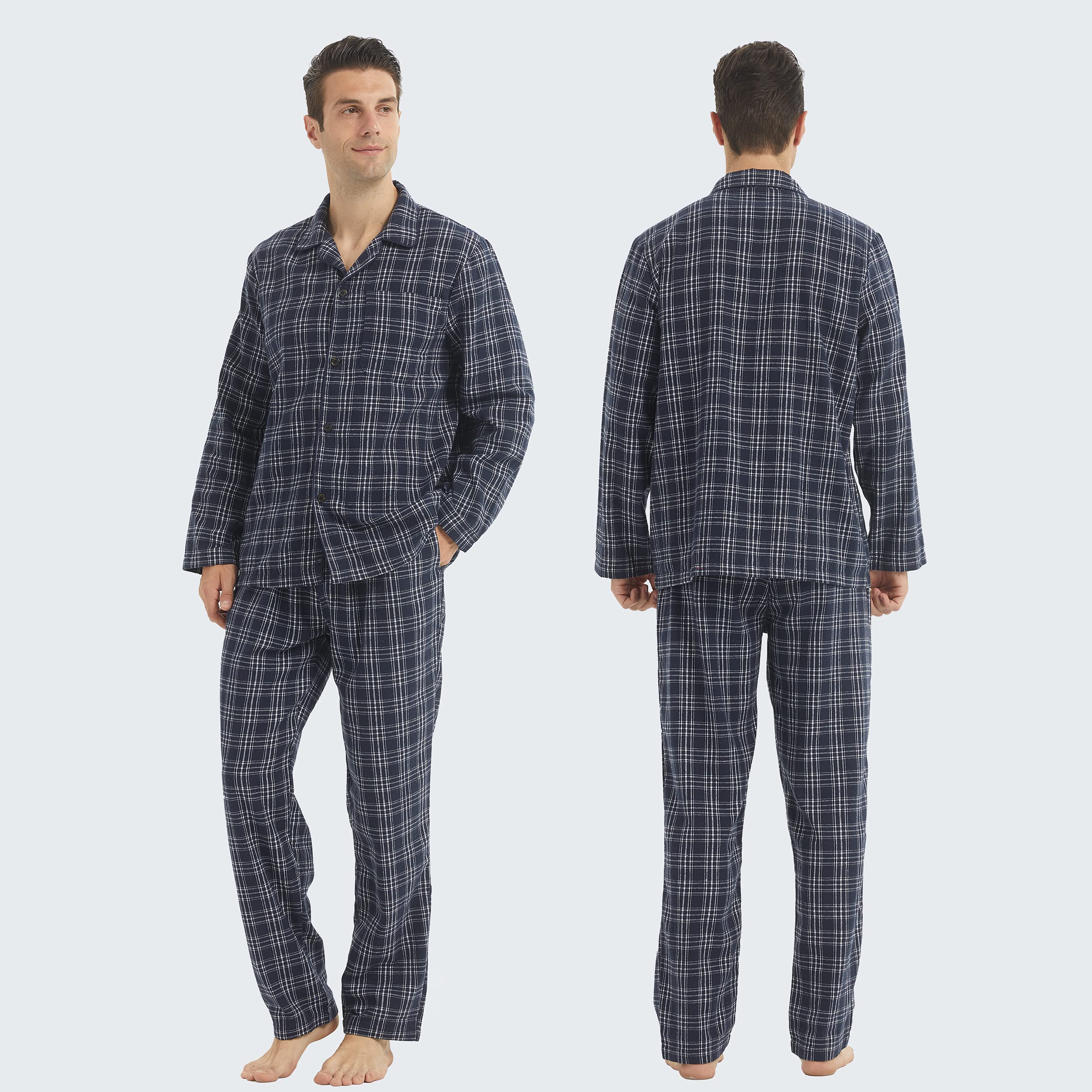 YUSHOW Pijama Hombre Invierno Algodón Franela a Cuadros Manga Larga Pantalón con Bolsillos Conjunto de Pijama Cómodo Ropa de Dormir de Dos Piezas