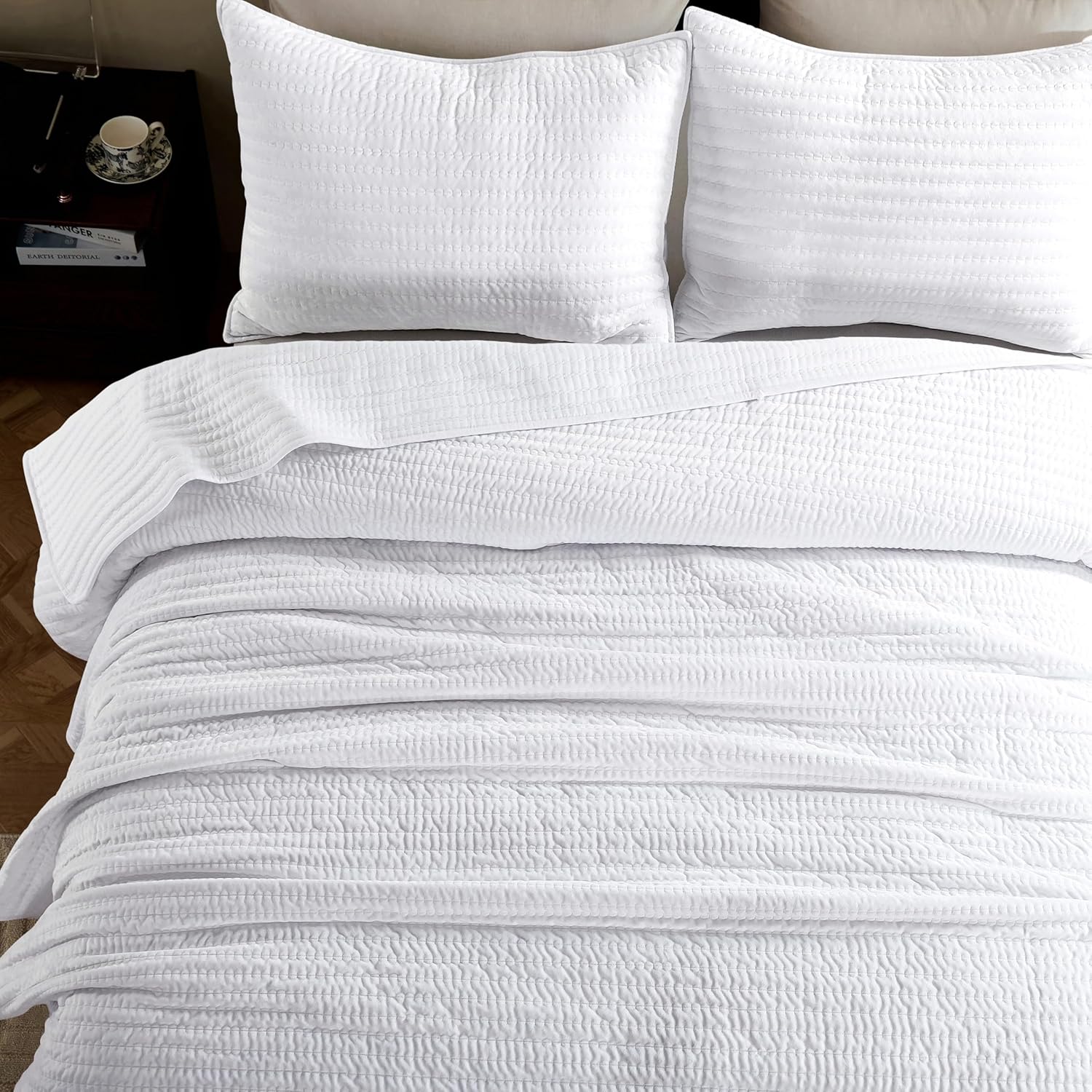 WDCOZY Velvet King Size Quilt Set - White Striped Pick Stitch Soft Lightweight Bedspread, Channel Farmhouse Country Rustic Coverlet, Modern Bedding Warm Thin Comforter, 3 Pieces - Image 2