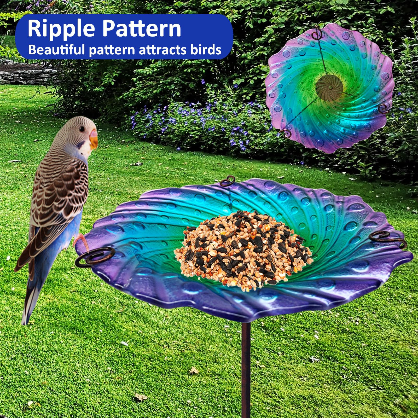 meetjoyancy Vogeltränke, Glas-Vogeltränke, abnehmbar, Vogelfutterspender mit Metallpfahl, Wasserfluss, Welligkeit, Vogeltränke, Outdoor-Dekoration, stehende Vogeltränke für den Außenbereich, Garten,