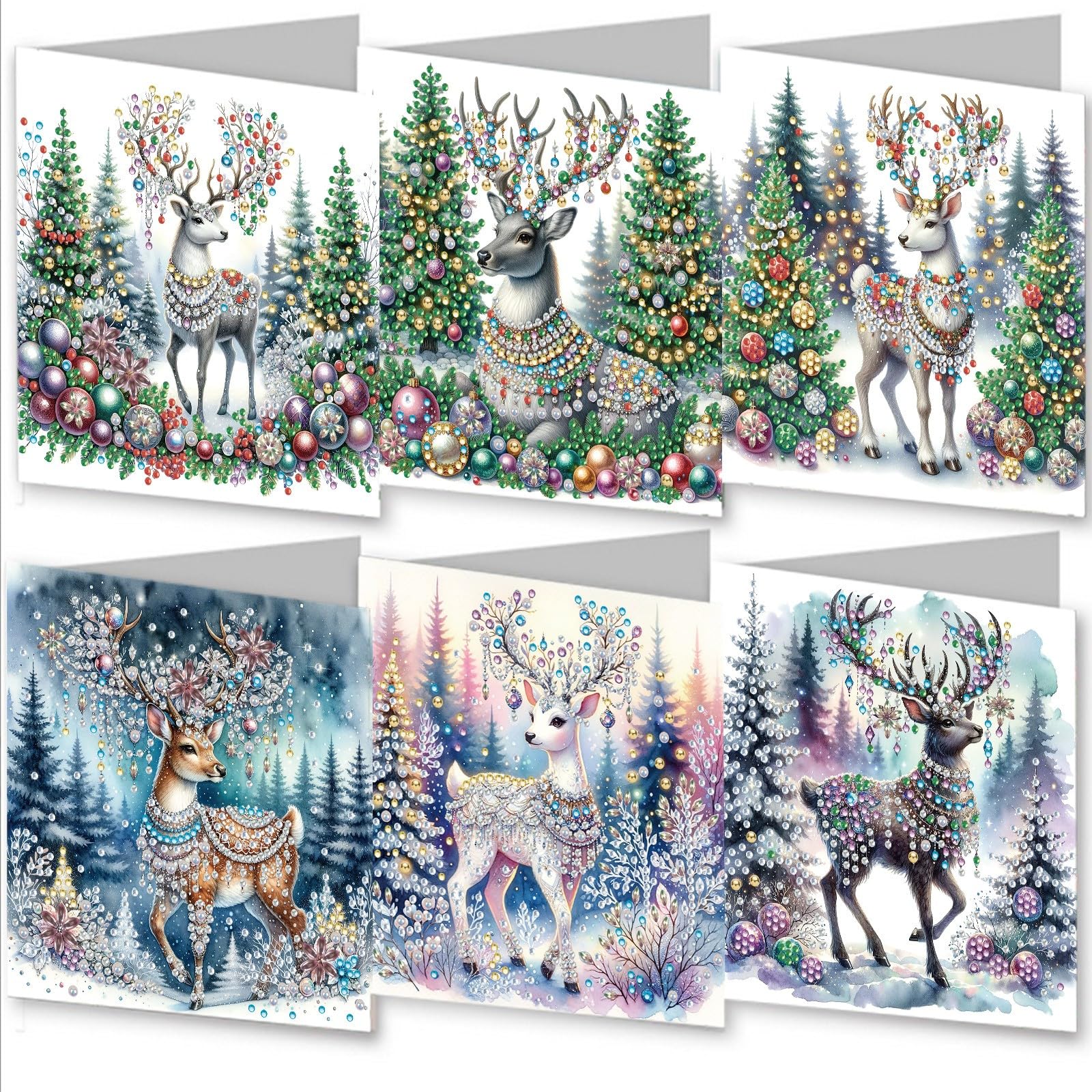 Lebartm 6Pcs DIY Folding Greeting Card Diamond Art Painting Creative Design Thank You Cards Blessing Gift Greeting Card Set for Birthday Christmas Crafts Gift-Elk