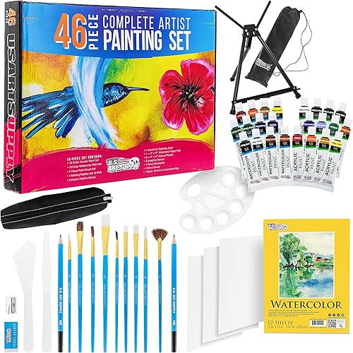 U.S. Art Supply 46-Piece Complete Artist Painting Set with Easel - 12 Acrylic & 12 Watercolor Paint Colors, Brushes, Canvas Panels, Watercolor Pad, Painting Palette, Pencils