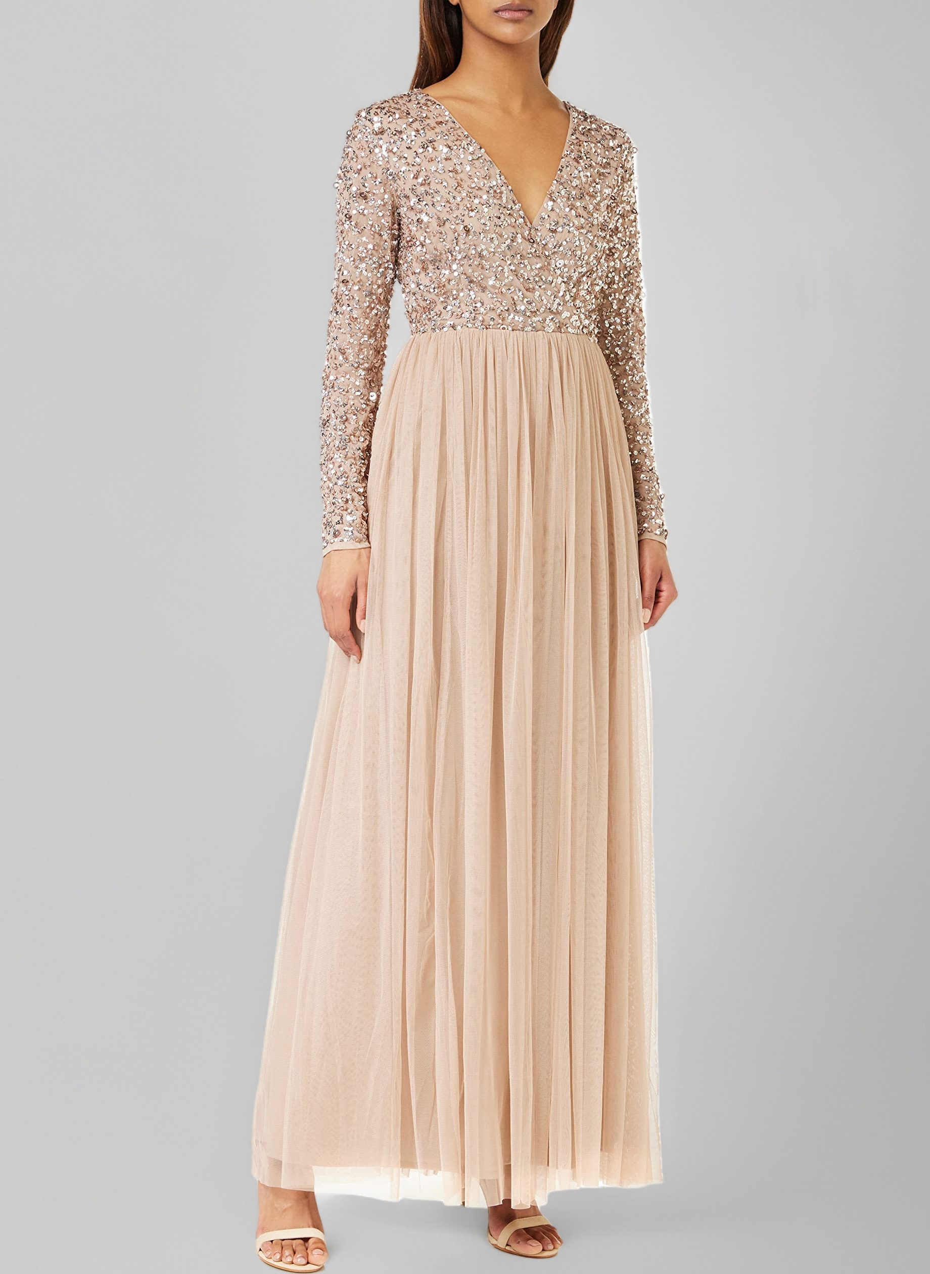 maya deluxe damen bridesmaid dress product info and reviews Ladies Maxi Women with Long Sleeves V Neckline Plunging Sequin Embellished for Wedding Guest Prom Kleid Long sleeve