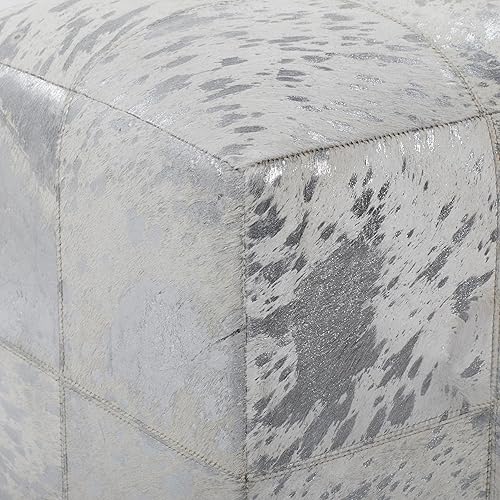 Miniatura 4 de Deco 79 Taburete de cuero hecho a mano con pintura de lámina plateada, 16 x 16 x 17 pulgadas, blanco