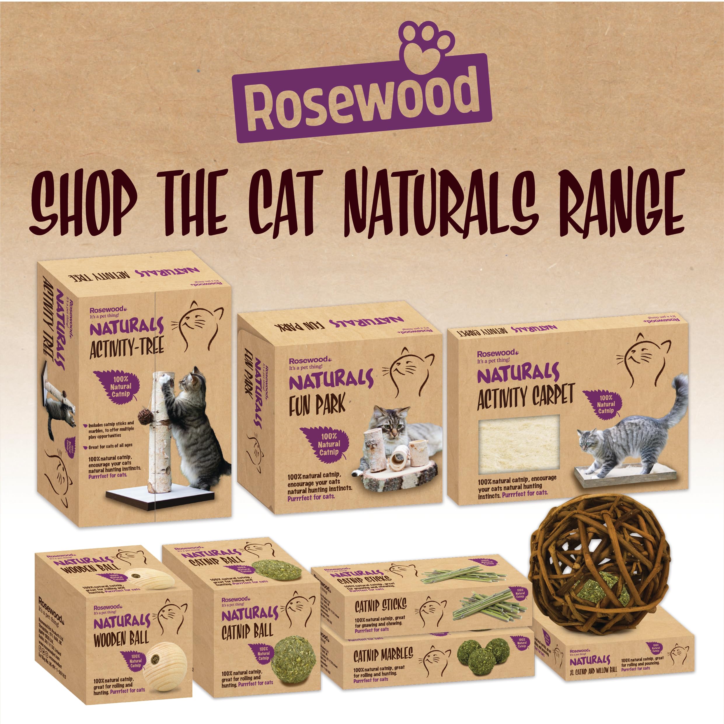 Rosewood Naturals Árbol de Actividades con Mini Bolas de Hierba gatera y Palos, Juguetes para gatos, 38 x 58 cm