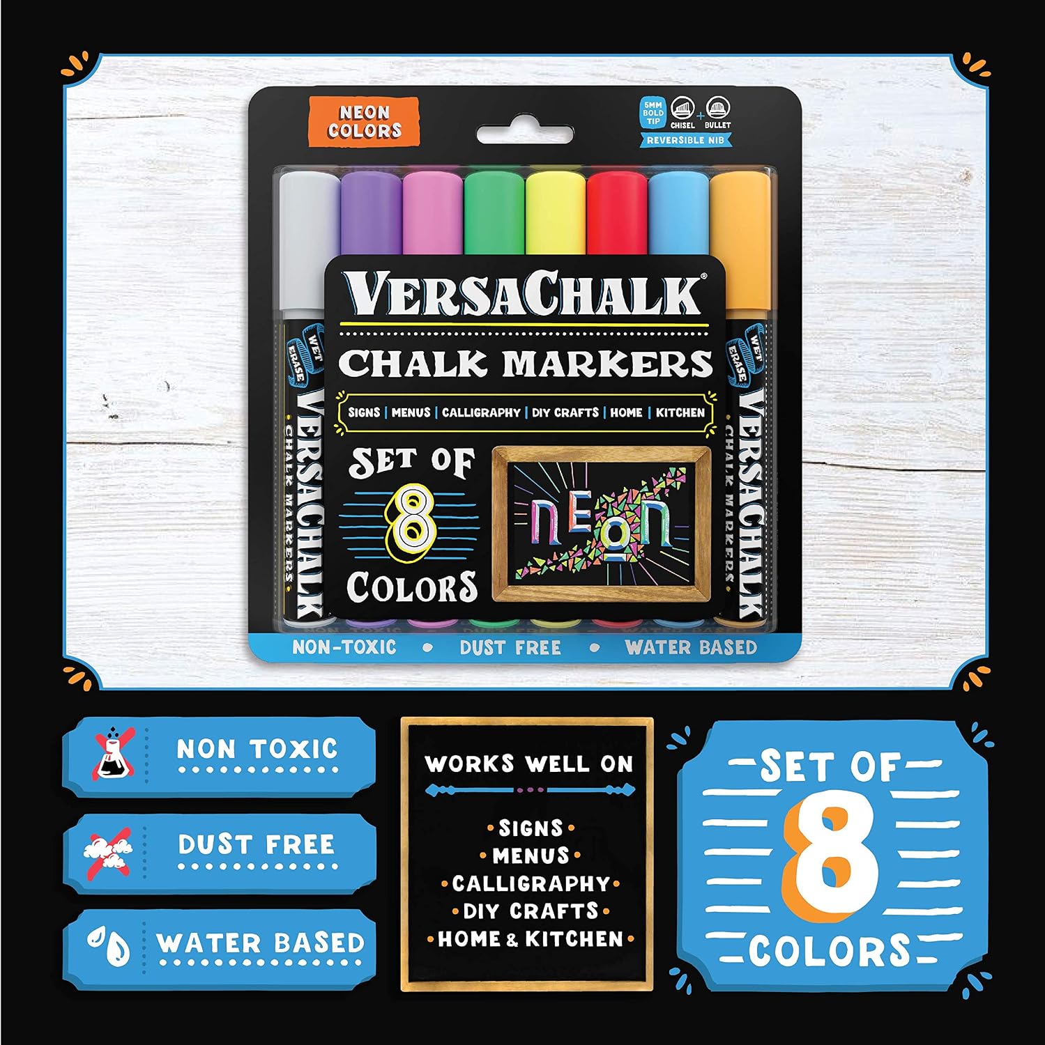 VersaChalk Neon Liquid Chalk Markers for Blackboards (8 Pack, 5mm, Bold Tip) - Erasable Washable Chalk Pens for Chalkboard Signs, Windows, Glass, Events, Schools, Office Supplies, and Business
