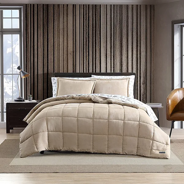 Eddie Bauer - Queen Comforter Set, Microsuede Bedding with Mingled Sherpa Reverse, 3 Piece Bed Set with Matching Pillowcases (Sherwood Brown)