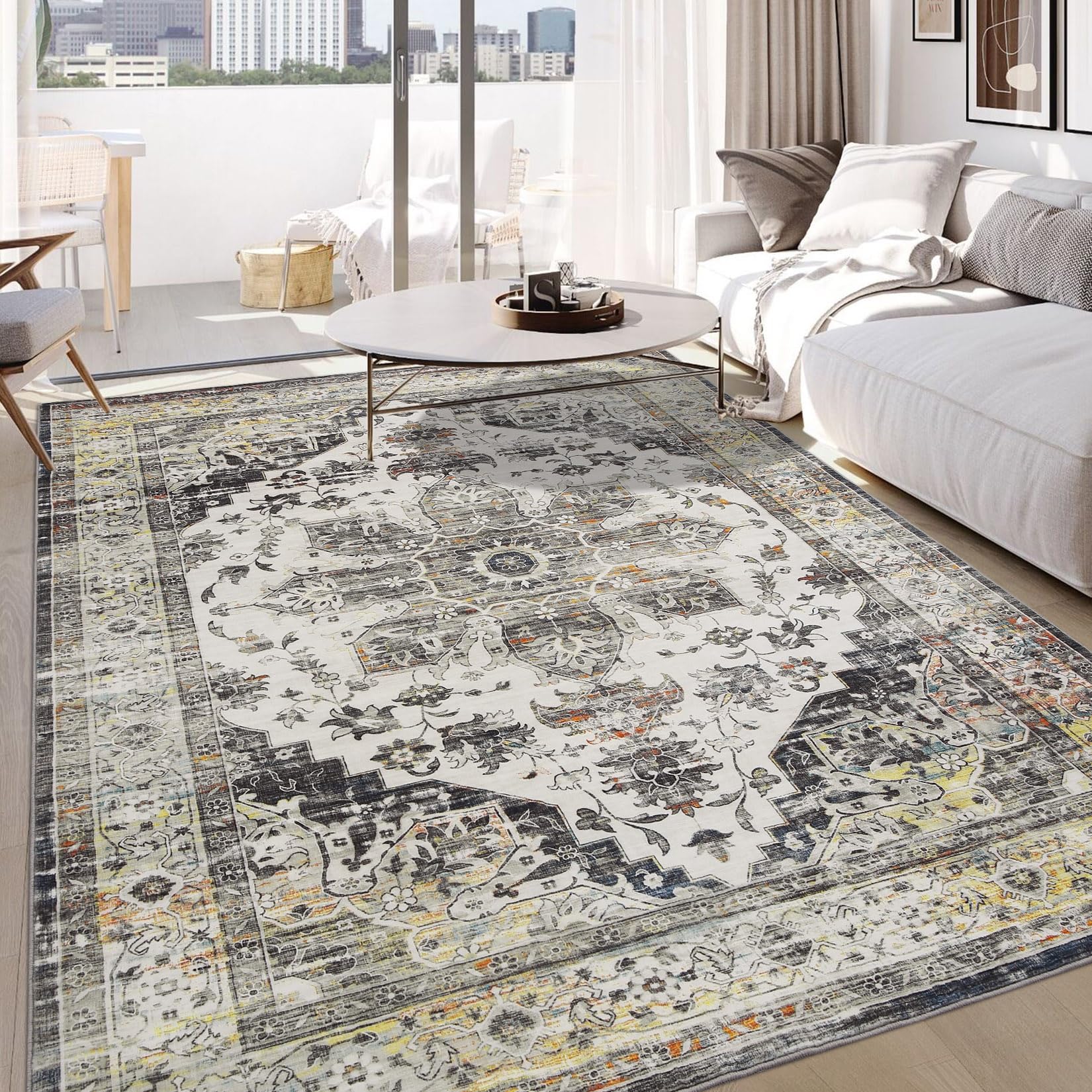 GlowSol6x9 Area Rug Low Pile Machine Washable Area Rug with Non-Slip Backing for Living Room Bedroom Vintage Vintage Indoor Floor Carpet Home Decor, Grey, 6’x9’