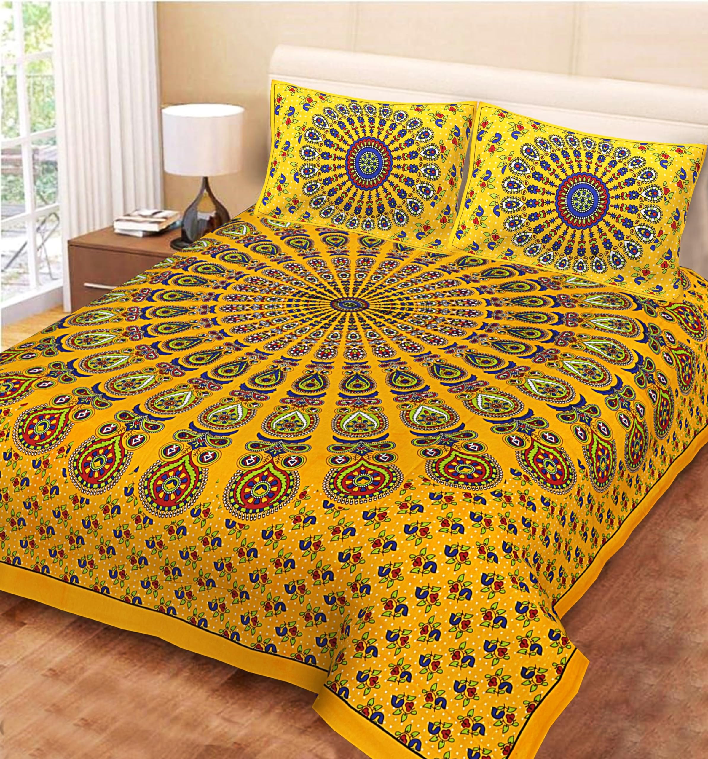 ColorKart 100% Cotton,180 TC Traditional Jaipuri Printed Floral Bedsheet For Double Bed King Size With 2 Pillow Covers - Yellow004 (B0D2R71RJS) Amazon Price History, Amazon Price Tracker
