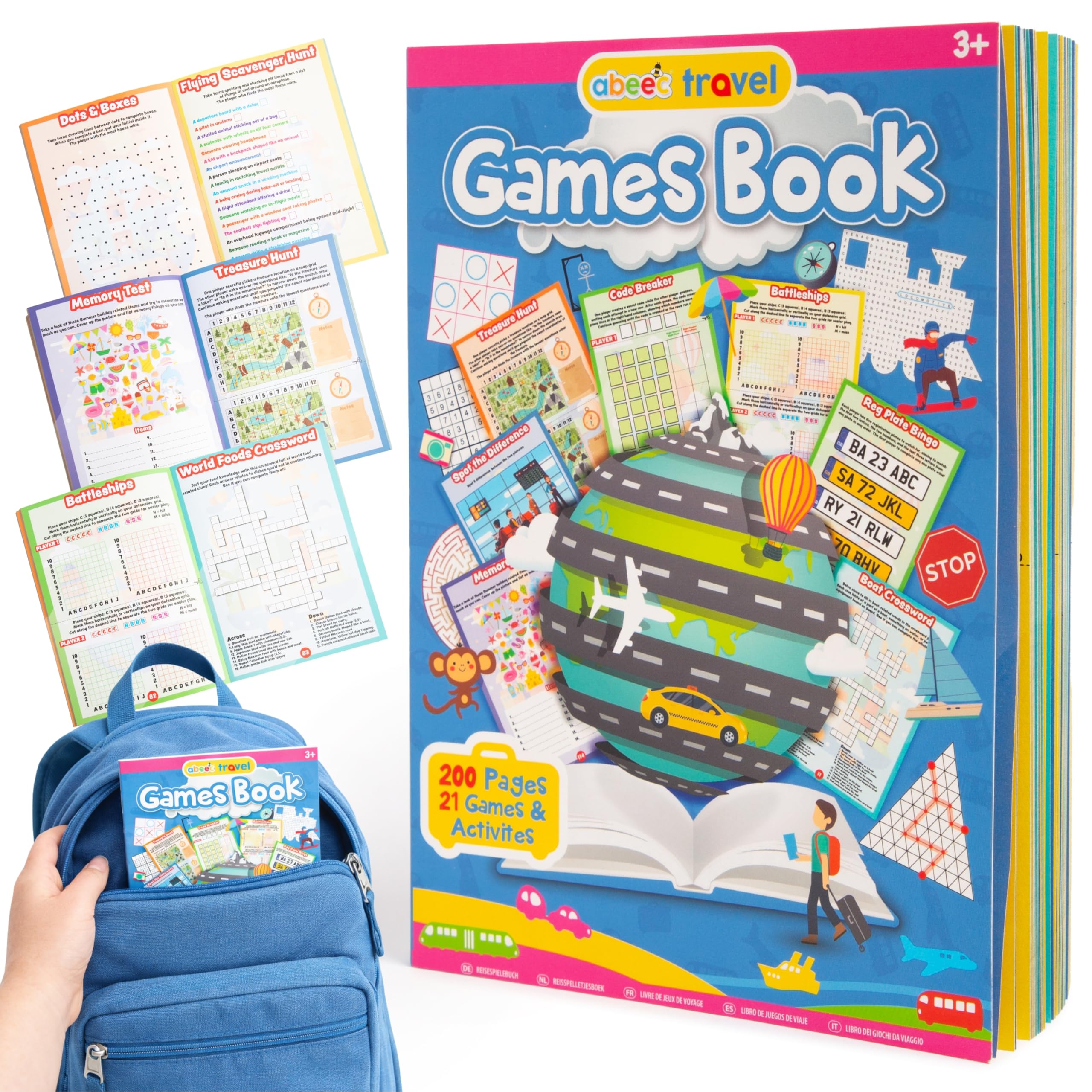 abeec Travel Games Book for Kids — 200 Pages, 21 Games and Activities — Plane Activities for Kids, Car Journey Games — Word Searches, Sudoku, Battleships, Spot the Difference