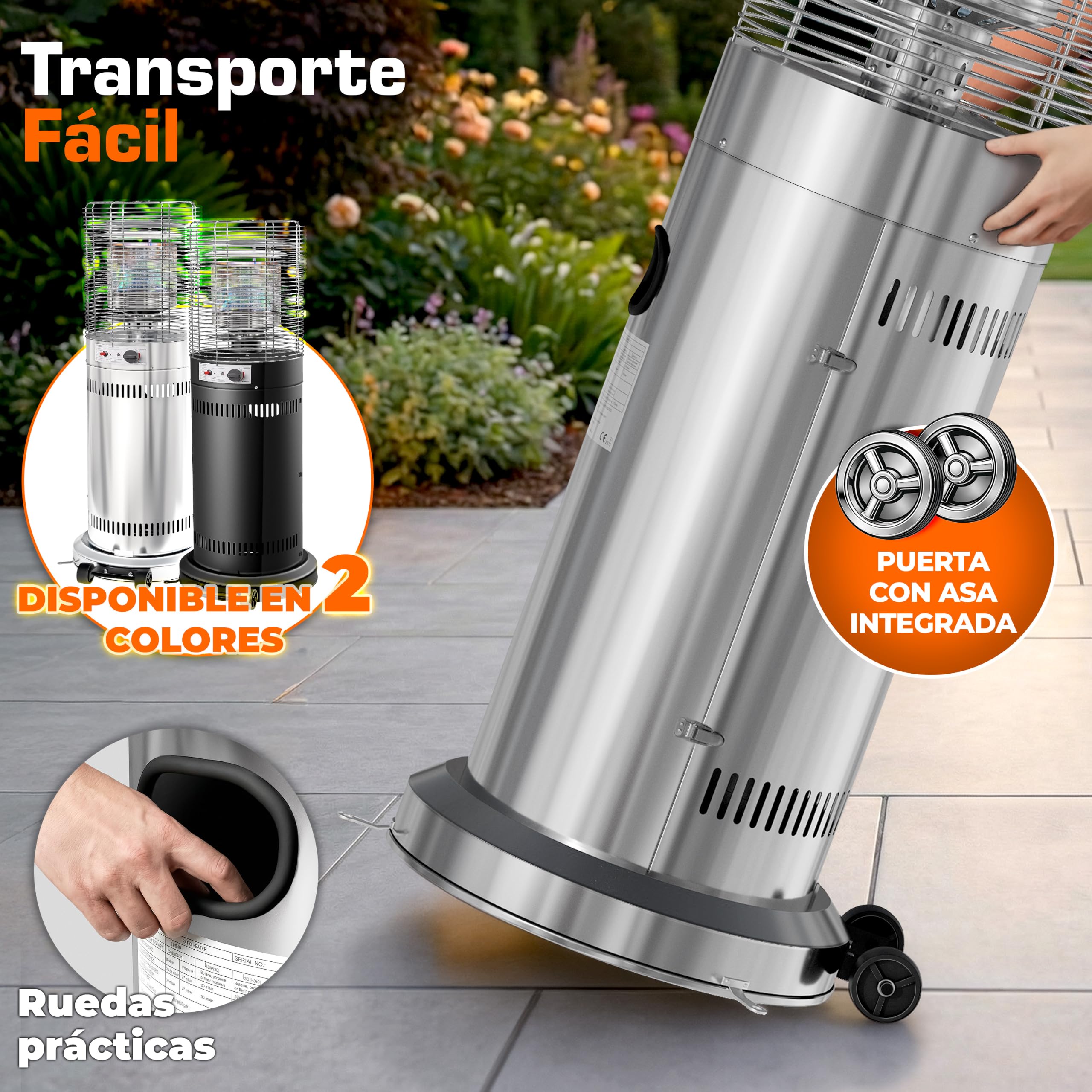 TRESKO Calefacción de terraza de gas 11 kW + ruedas, para botellas de 5 y 11 kg | Potente calefacción exterior para terraza, balcón, jardín, camping | Sombrilla calefactora con manguera y regulador