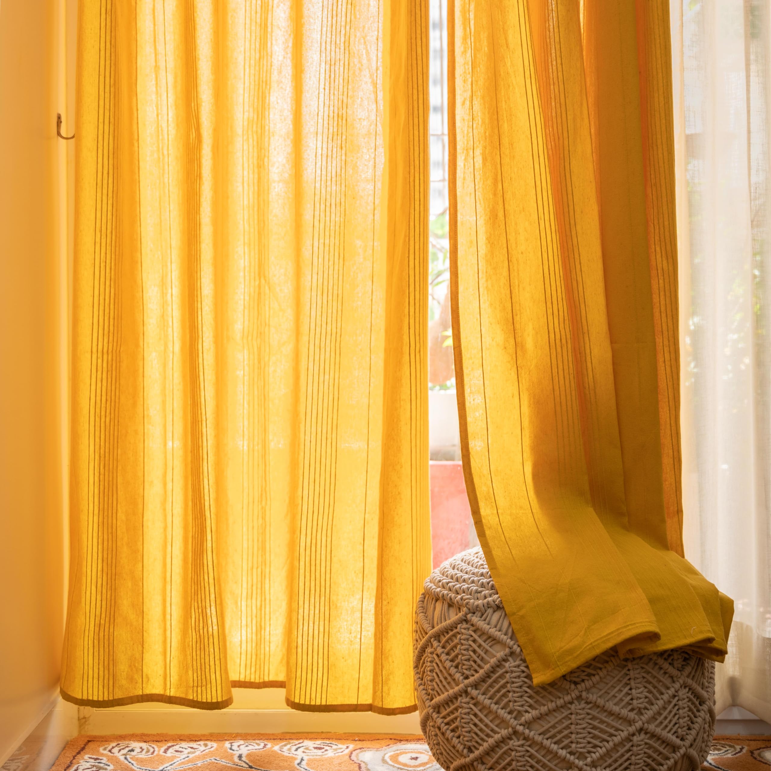 RANGBHAR Handloom Cotton Semi Sheer Curtains For Door, Cotton Semi Sheer Curtains 7 Feet Long Set Of 2 With Eyelets, (Solid Yellow, Door-7 Feet X 4 Feet)-picture-16