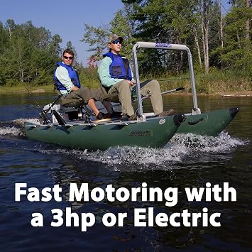 Sea Eagle 375fc FoldCat 1-2-Persons Inflatable Fishing Pontoon Boat, Lightweight & Portable, w/2 Green Swivel Seats, Pedestal, Oar Set, Scotty Rod Holders, Boat Bag, Pump