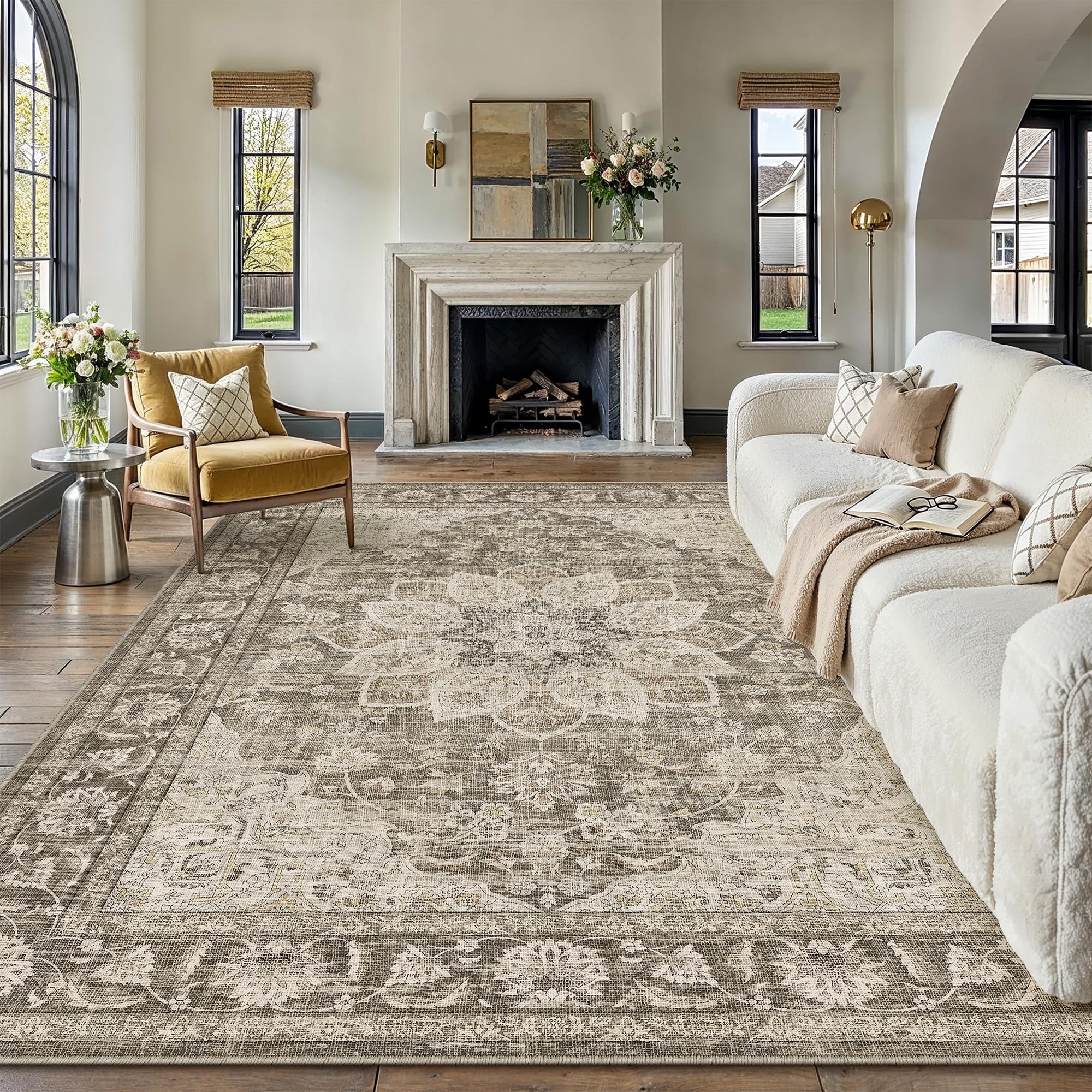 PureCozy Vintage Teppich Wohnzimmer Schlafzimmer Waschbarer | Waschbarer Teppich Wohnzimmer, Rutschfest, Geeignet Für Schlafzimmer, Esszimmer,Büro