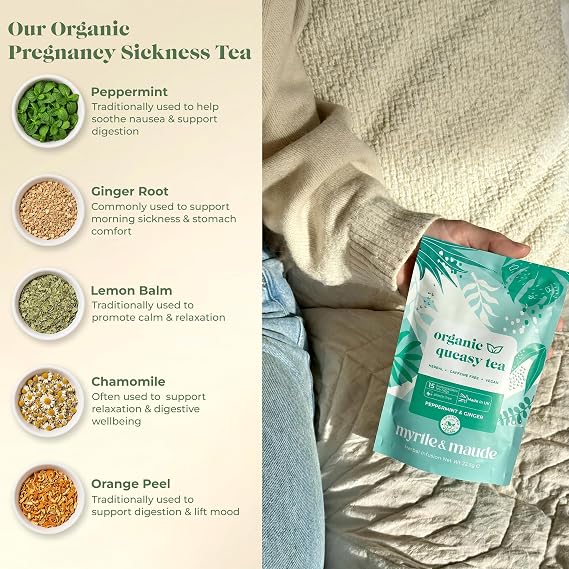 Myrtle & Maude - Ultimate Nausea & Morning Sickness Bundle - Queasy Days Tea, Vitamin B6 Peppermint Bon Bons & Ginger Gins, Aromatherapy Inhaler Nasal Stick & Nausea Relief Acupressure Wristbands