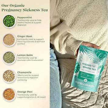 Myrtle & Maude - Ultimate Nausea & Morning Sickness Bundle - Queasy Days Tea, Vitamin B6 Peppermint Bon Bons & Ginger Gins, Aromatherapy Inhaler Nasal Stick & Nausea Relief Acupressure Wristbands