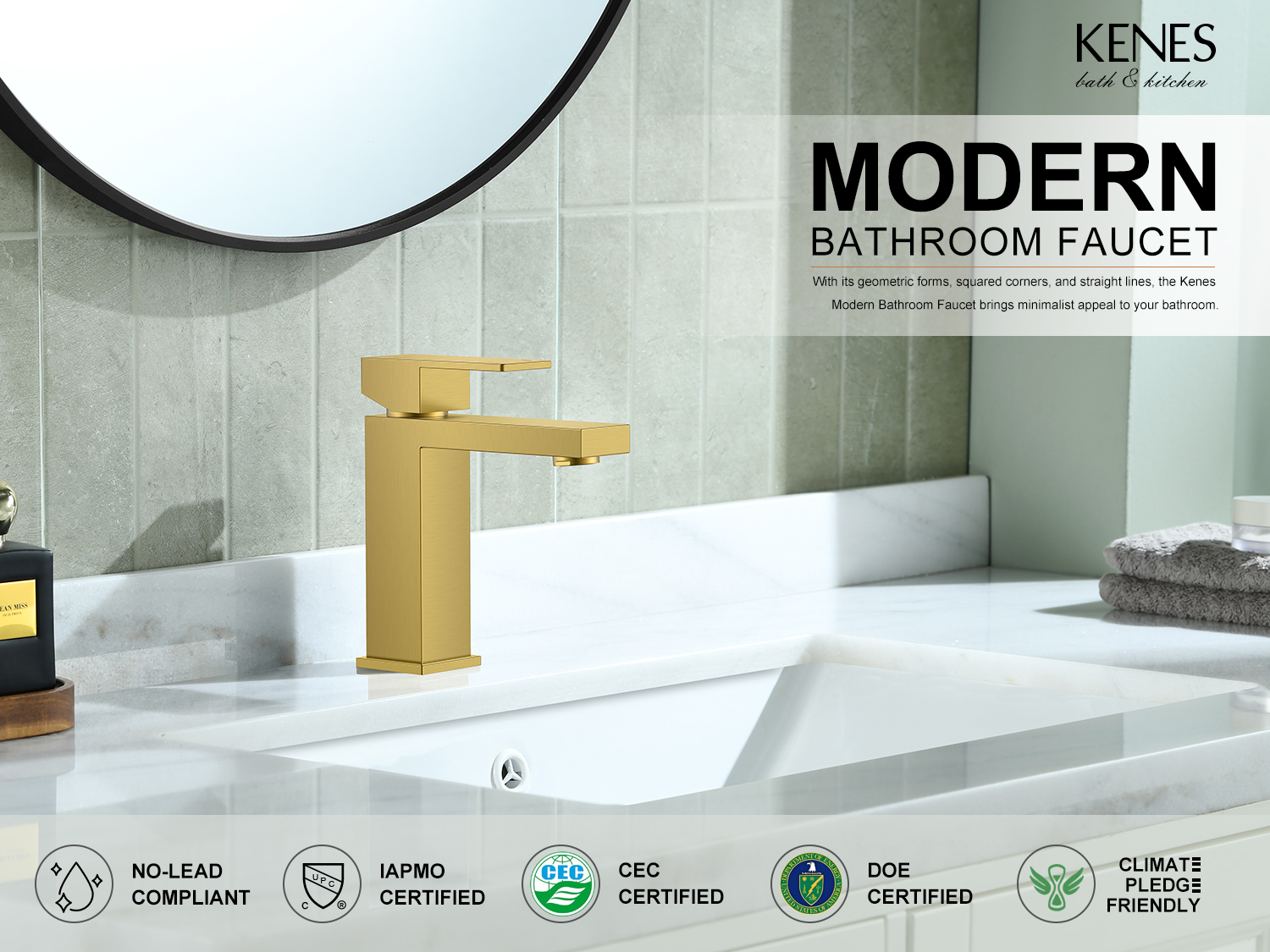 KENES Brushed Gold Bathroom Faucets, Modern Single Hole Lavatory