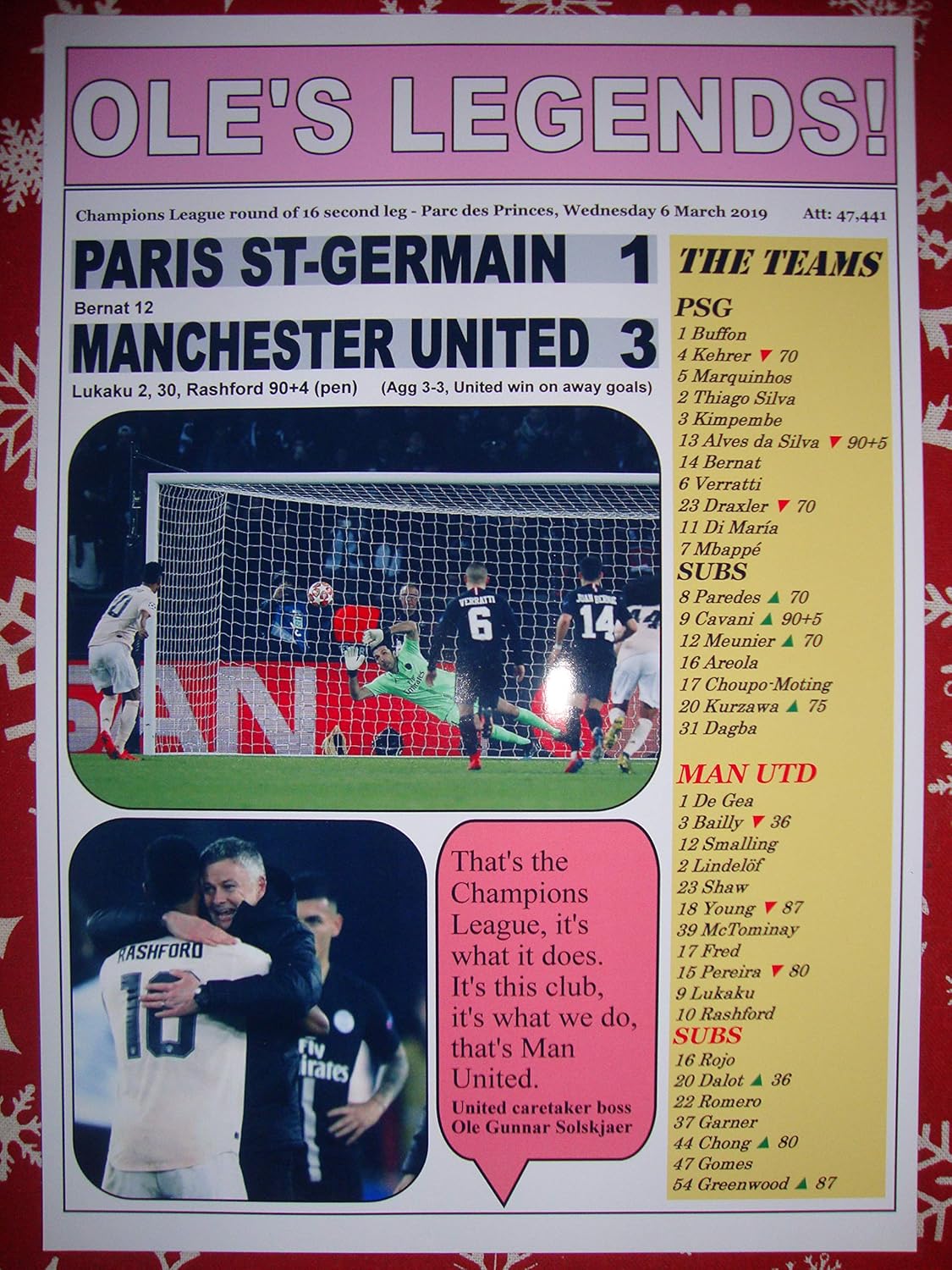 PSG 1 Manchester United 3-2019 Champions League - Souvenir Print