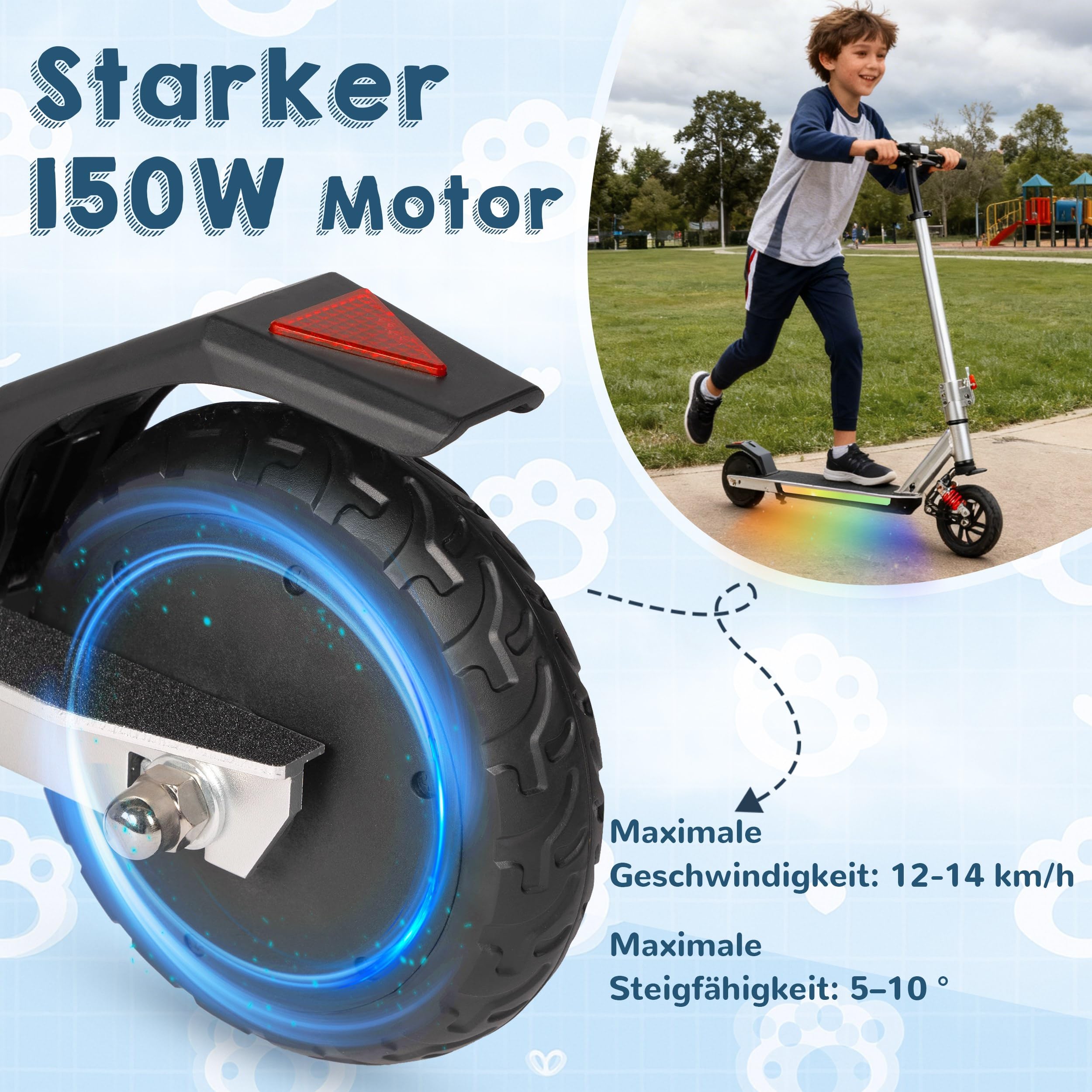 Trottinette électrique pour enfants de 6 à 12 ans, avec Bluetooth et lumières LED colorées, 3 vitesses jusqu'à 14 km/h, frein électrique, léger 7 kg, pour garçons et filles
