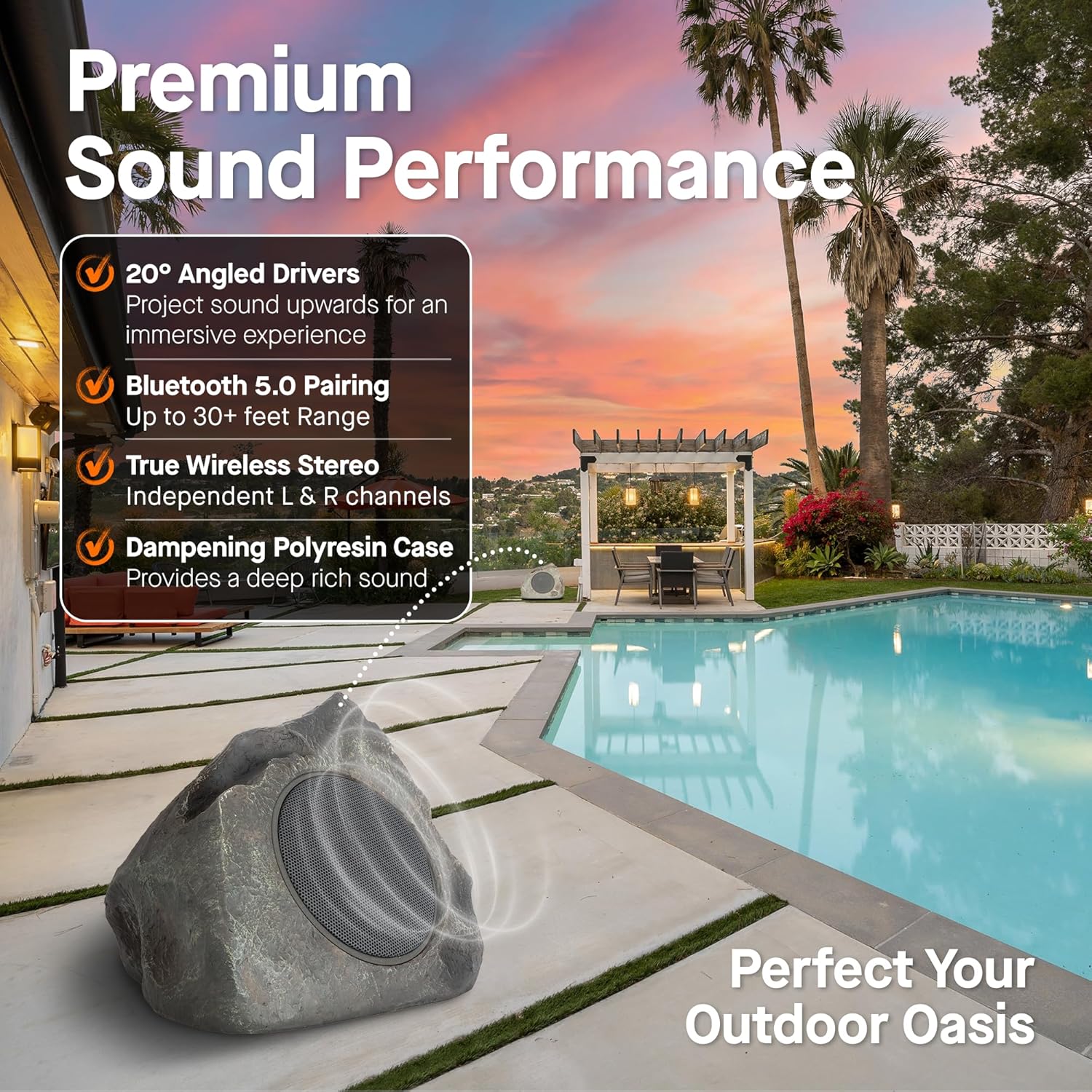 Homewell Outdoor Rock Speaker Solar-Powered Wireless Bluetooth 5.0 Portable Speaker Weatherproof for Patio, Pool, Deck, Yard, Garden and Home (Dark Grey, 2-Pack) - Image 2