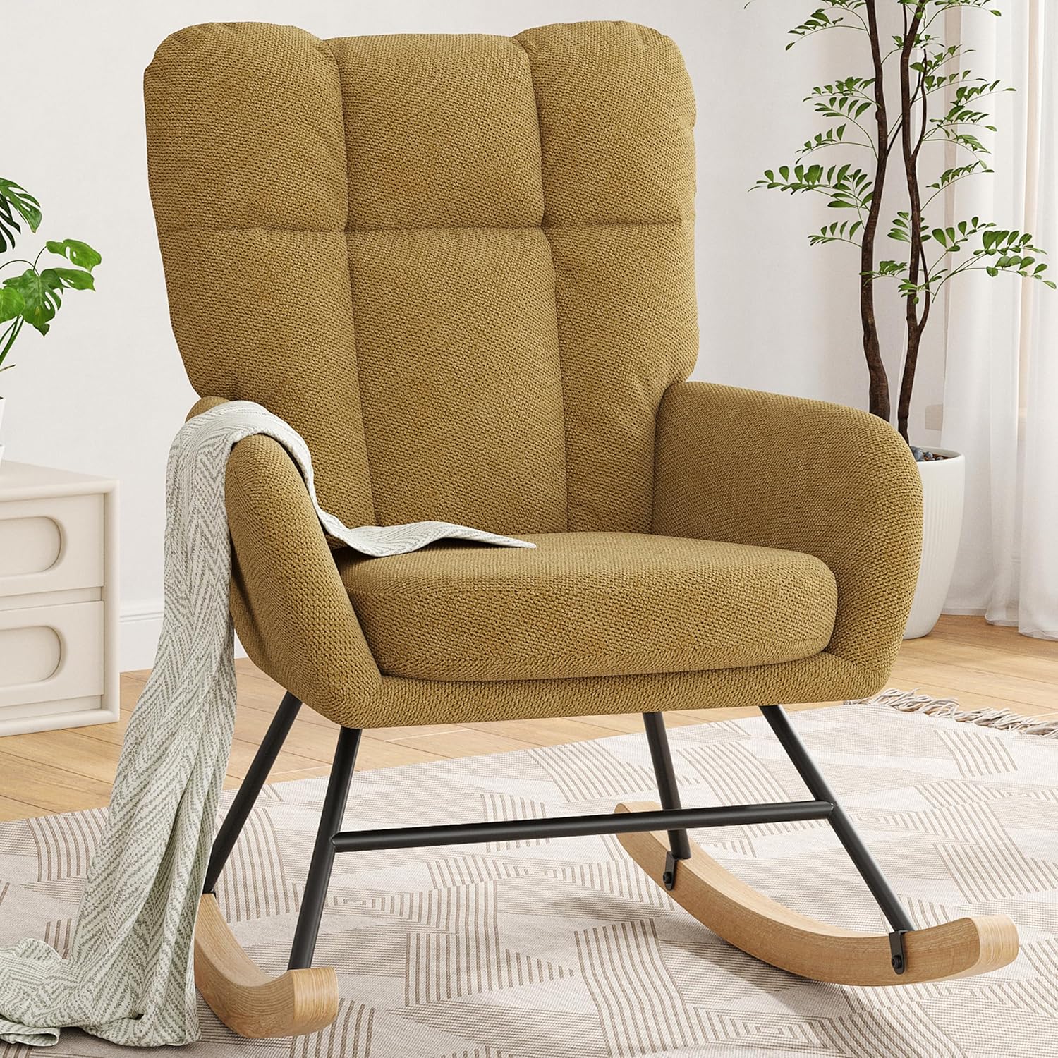 Baby Nursery Rocking Chair, Teddy Modern Nursing Chair for Small Spaces Indoor, Nursery Rocker for Breastfeeding, Accent Glider Chairs for Living Room, Bedroom, Yellow