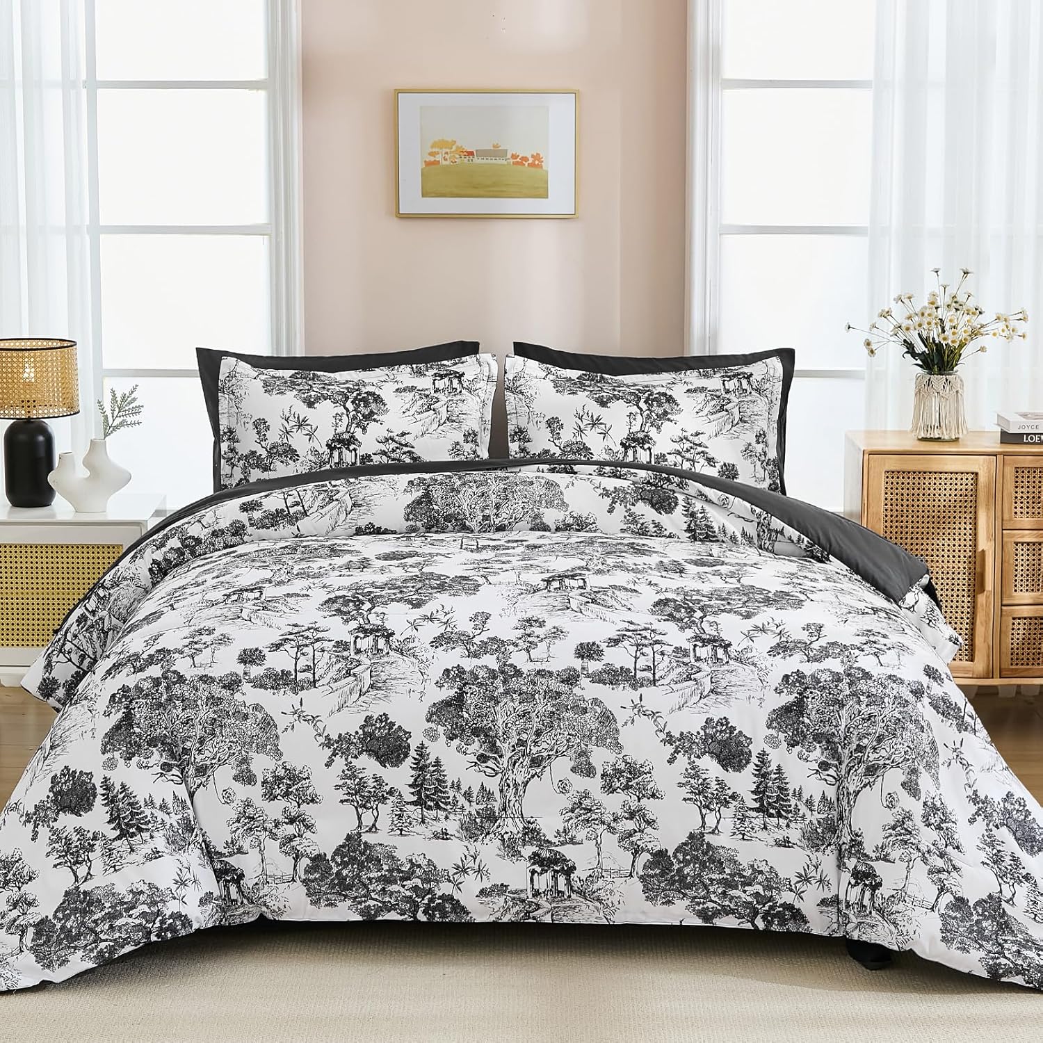 DJY Black Comforter Set King, 7 Pieces Black and White Botanical Comforters King Size Elegant Plants Print with Sheets Bed in a Bag Soft Microfiber Reversible Complete Bedding Sets for All Season