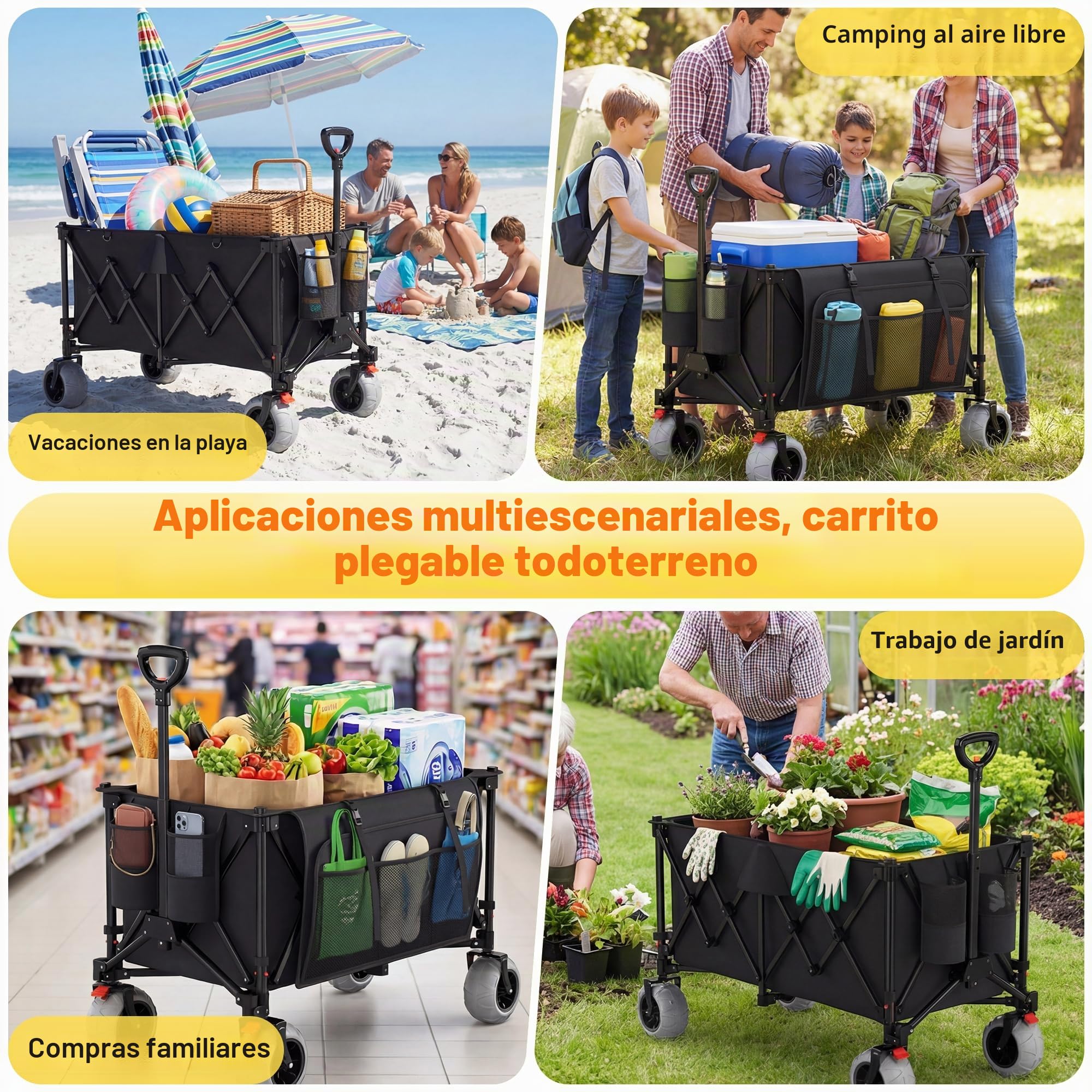 Devoko Carro Playa Plegable con Ruedas Todoterreno 200L 150 kg,Carrito Playa de PU extraanchas 21,5x10 cm, Carro para la Playa | asa Ajustable giratoria 90°para Playa,Camping,Compras(Negro)