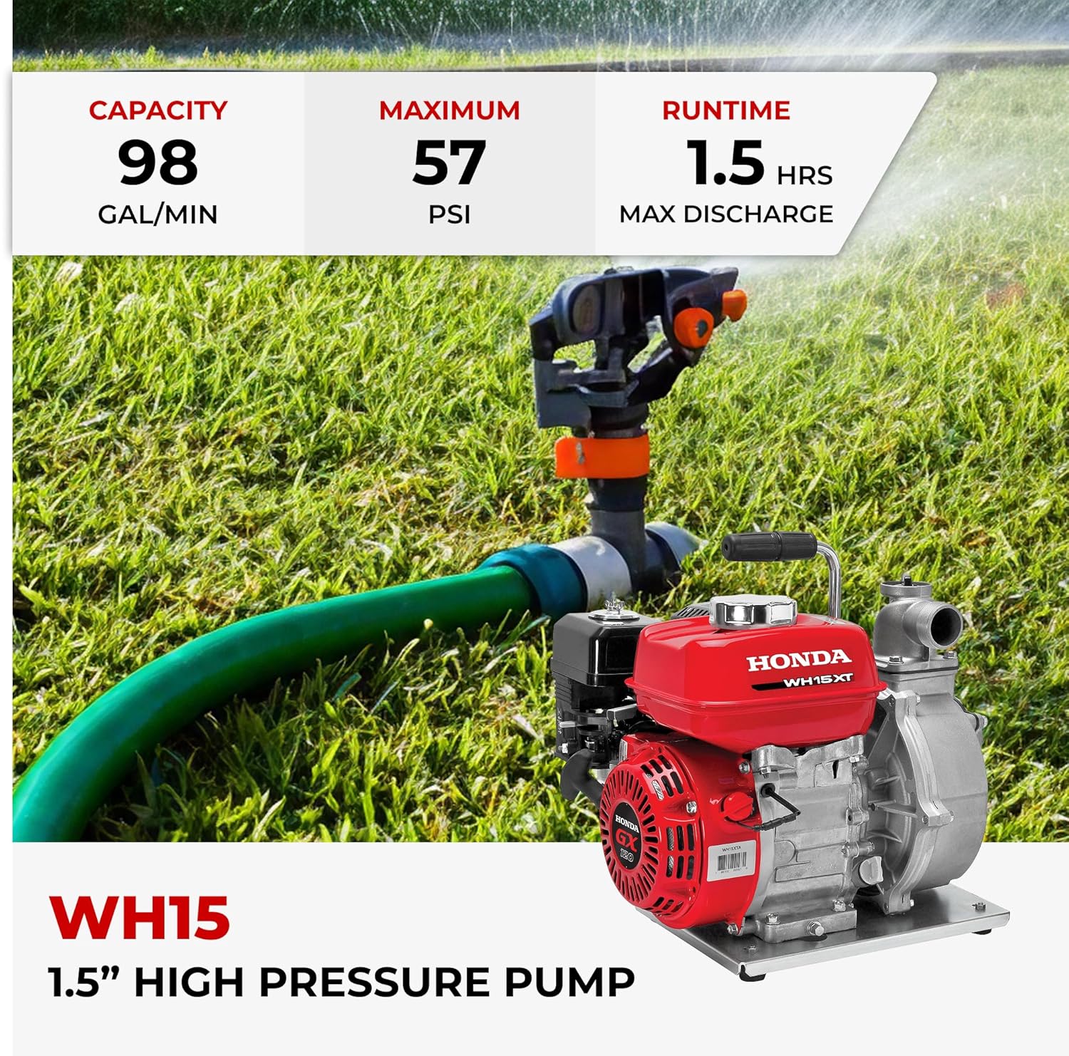 Honda WH15 1 1/2-Inch High Pressure Water Pump, Gas Powered Water Pump with 57psi Max Pressure, 98 Gallons per Minute Capacity, Commercial-Grade Engine, Easy Carry Handle (WH15XT2A)