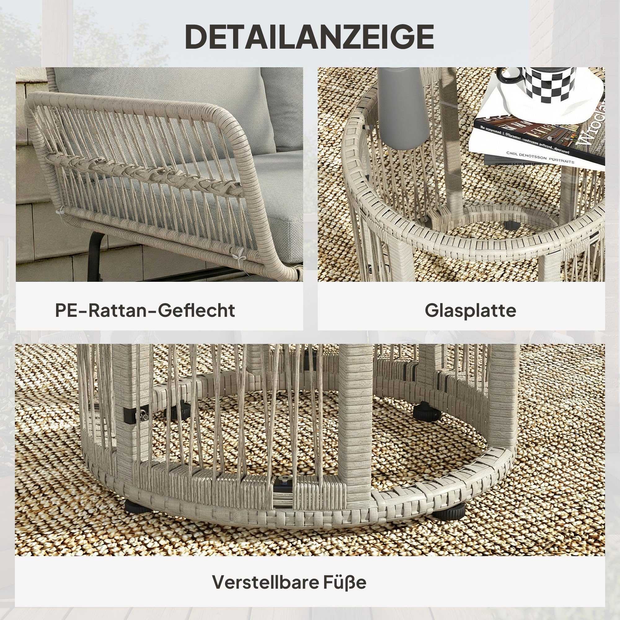 Outsunny Polyrattan Gartenmöbel Set 3-teilig, Lounge Set mit Chaiselongue Zweisitzersofa Glastisch abnehmbar Kissen, Rattan Sitzgruppe bis 3 Personen, Lounge Möbel für Garten Terrasse Balkon Hellgrau
