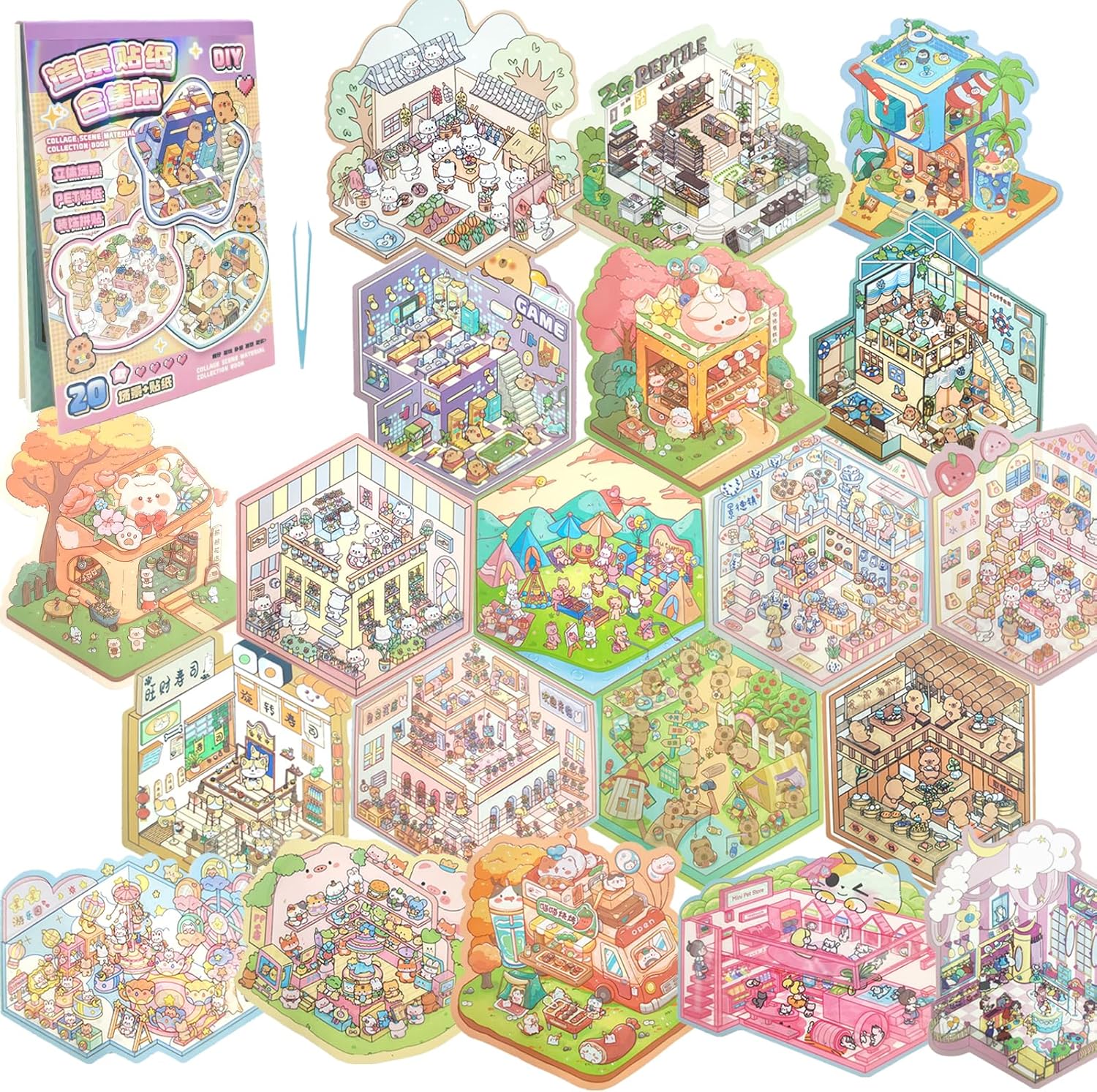 3D Sticker Scene 20 Sets Sticker Therapy Adults Relief Stress Cartoon Animal House Scene Stickers DIY for Kids