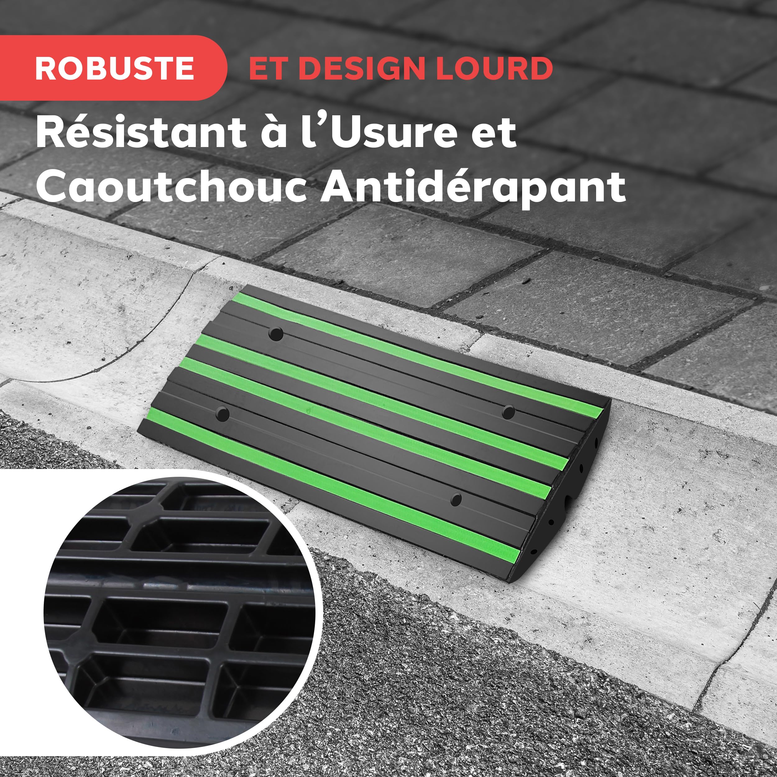 Pyle Rampe de Bordure en Caoutchouc (2)– Ramp de Seuil Antidérapante Imperméable, Bandes Réfléchissantes Vertes, Usage Intensif pour Voiture, Camion, Camping-Car, Chariot Élévateur, Garage et Trottoir