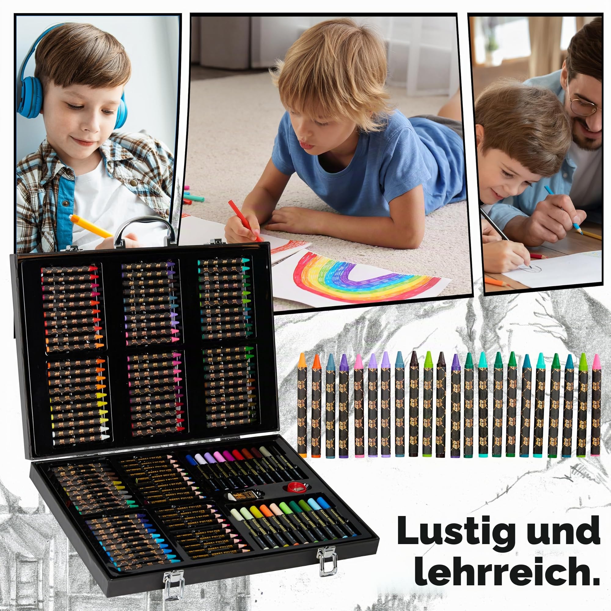 Harry Potter Malkoffer, Malset für Kinder mit Wachsmalstifte, Buntstifte, Filzstifte und Reisekoffer, Geschenke für Kinder (Schwarz)