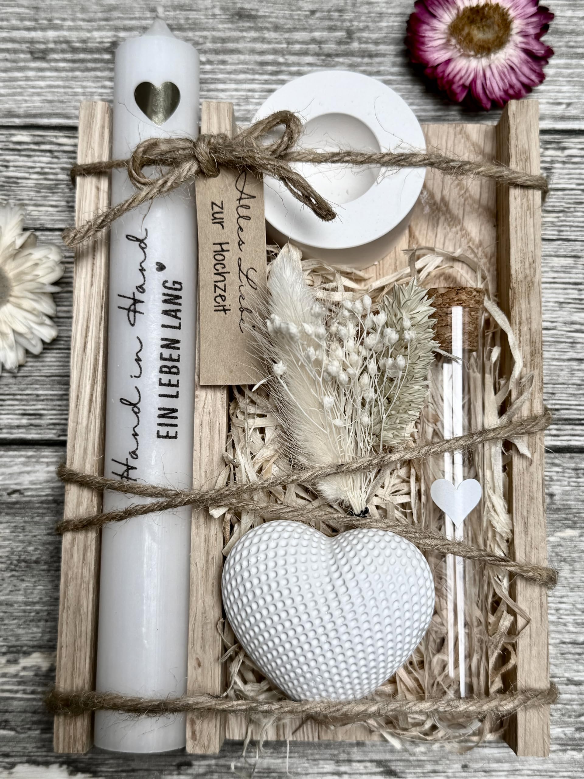 Hochzeitsgeschenke für Brautpaar - Geldgeschenk Hochzeit - Holzbox mit Kerze - Trockenblumen - liebevolle Hochzeitsgeschenke - passende Hochzeitsgeschenk Ideen
