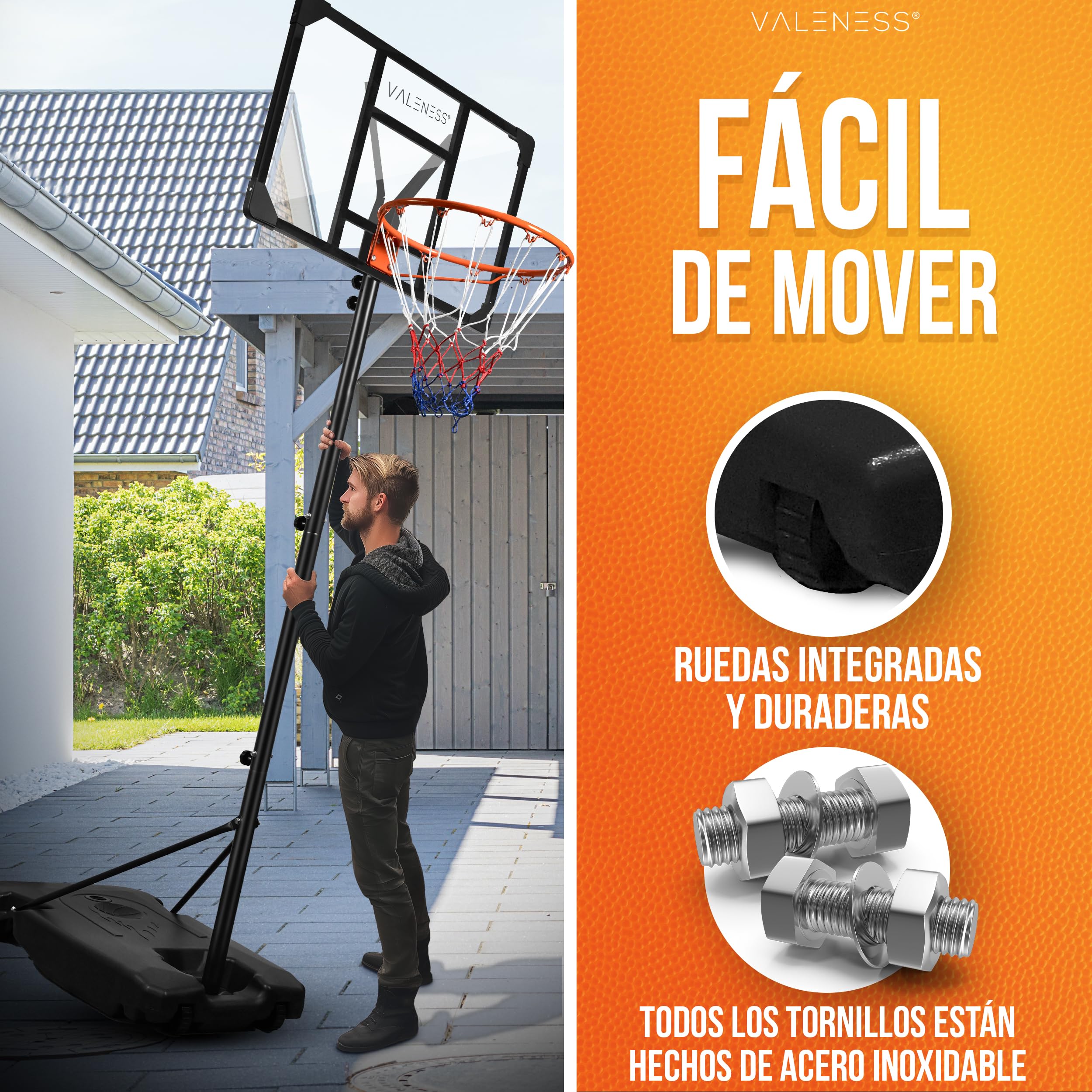 VALENESS® Aro de Baloncesto para Exterior – Soporte Ajustable en Altura [135 a 305 cm] y Resistente a la Intemperie – Aro Profesional con balón y Bomba para niños y Adultos